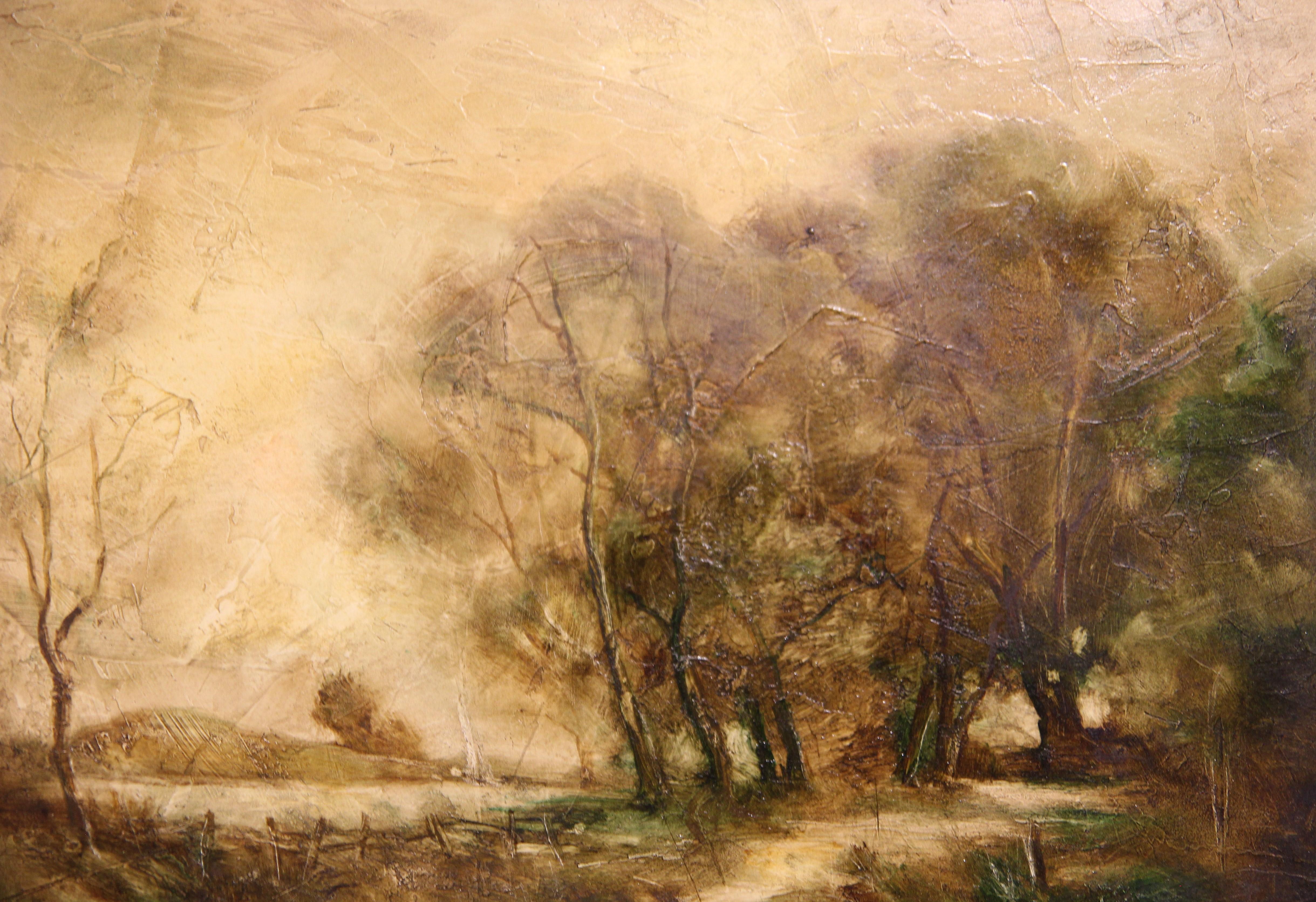 Naturalistic Earth Toned Impressionist Farm in Autumn Landscape - Painting by Drexell Caraway McNay