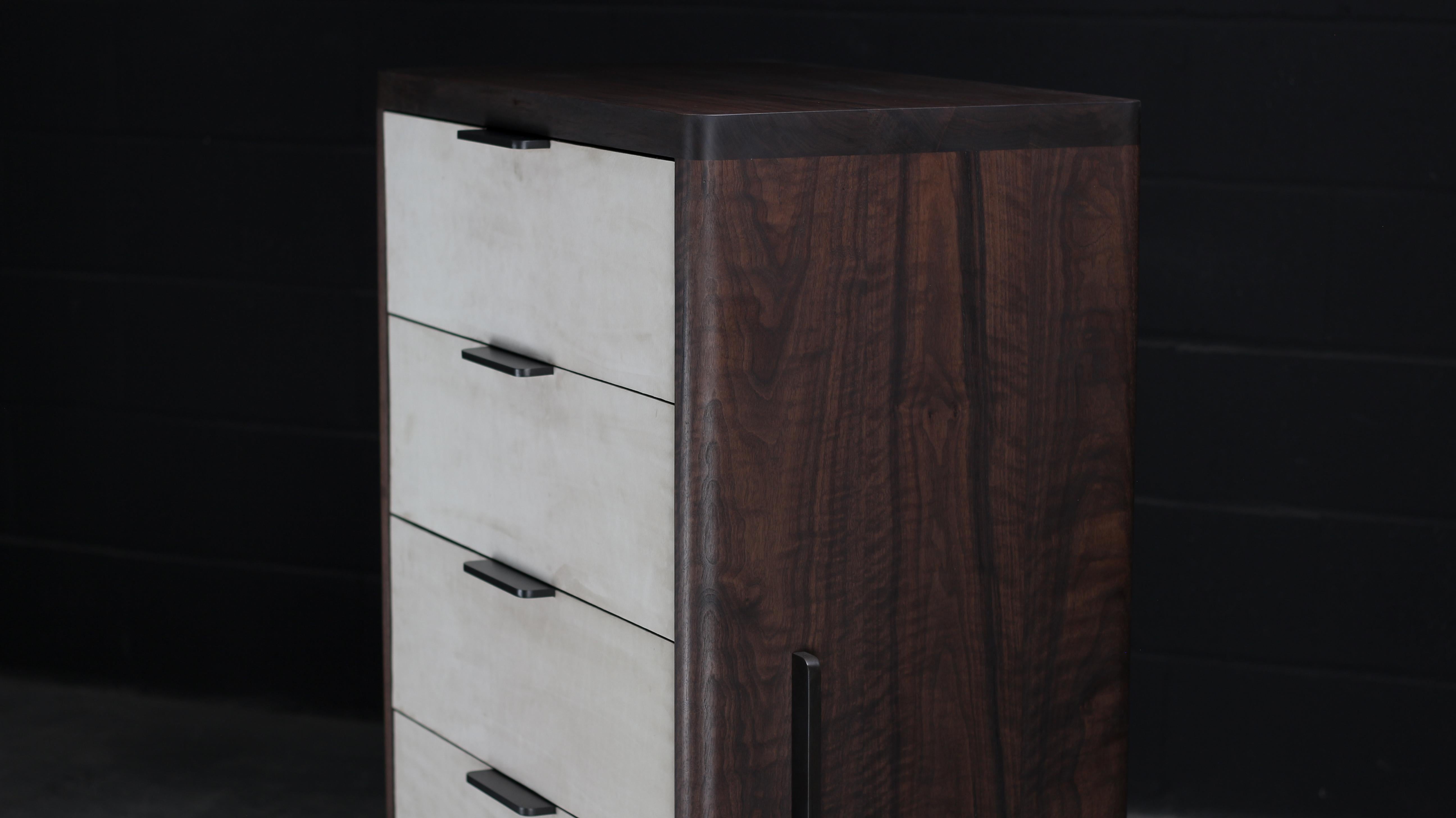Dreyfus Chest, by AMBROZIA, Solid Walnut, Leather & Blackened Steel In New Condition For Sale In Drummondville, Quebec