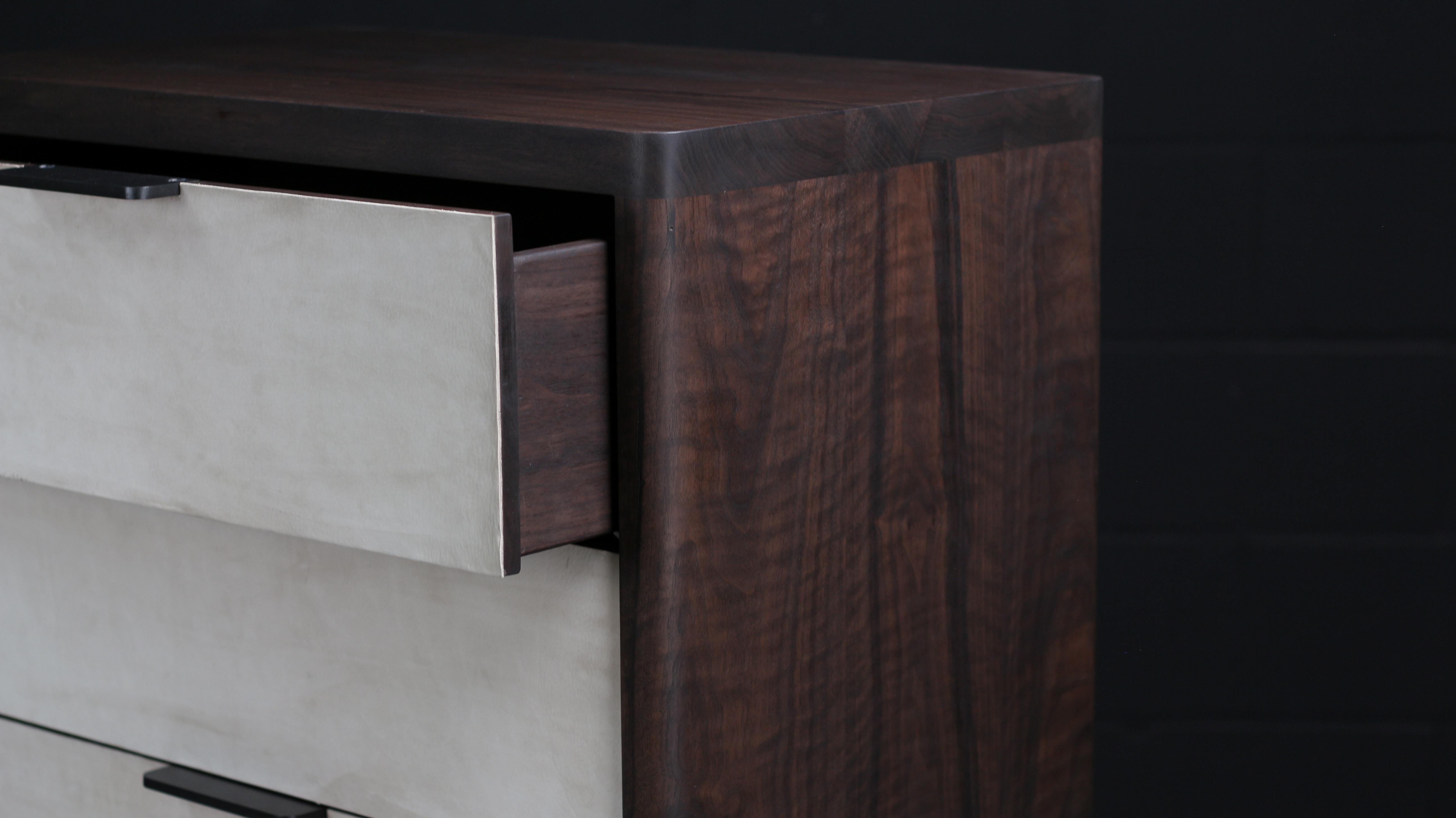 Contemporary Dreyfus Chest, by AMBROZIA, Solid Walnut, Leather & Blackened Steel For Sale