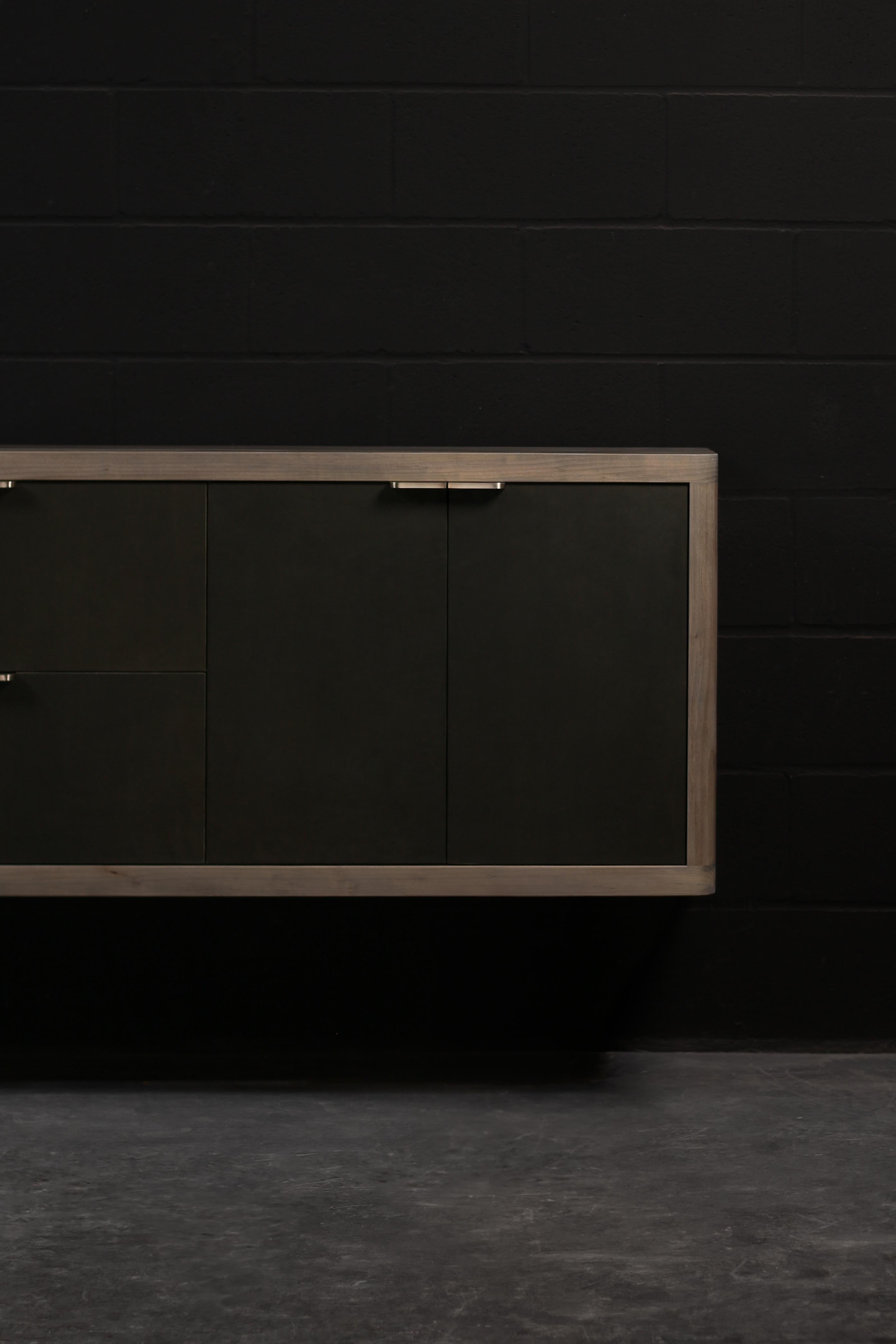 Modern DREYFUS Floating Sideboard by AMBROZIA, Oxidized Maple, Leather & Dull Champagne For Sale