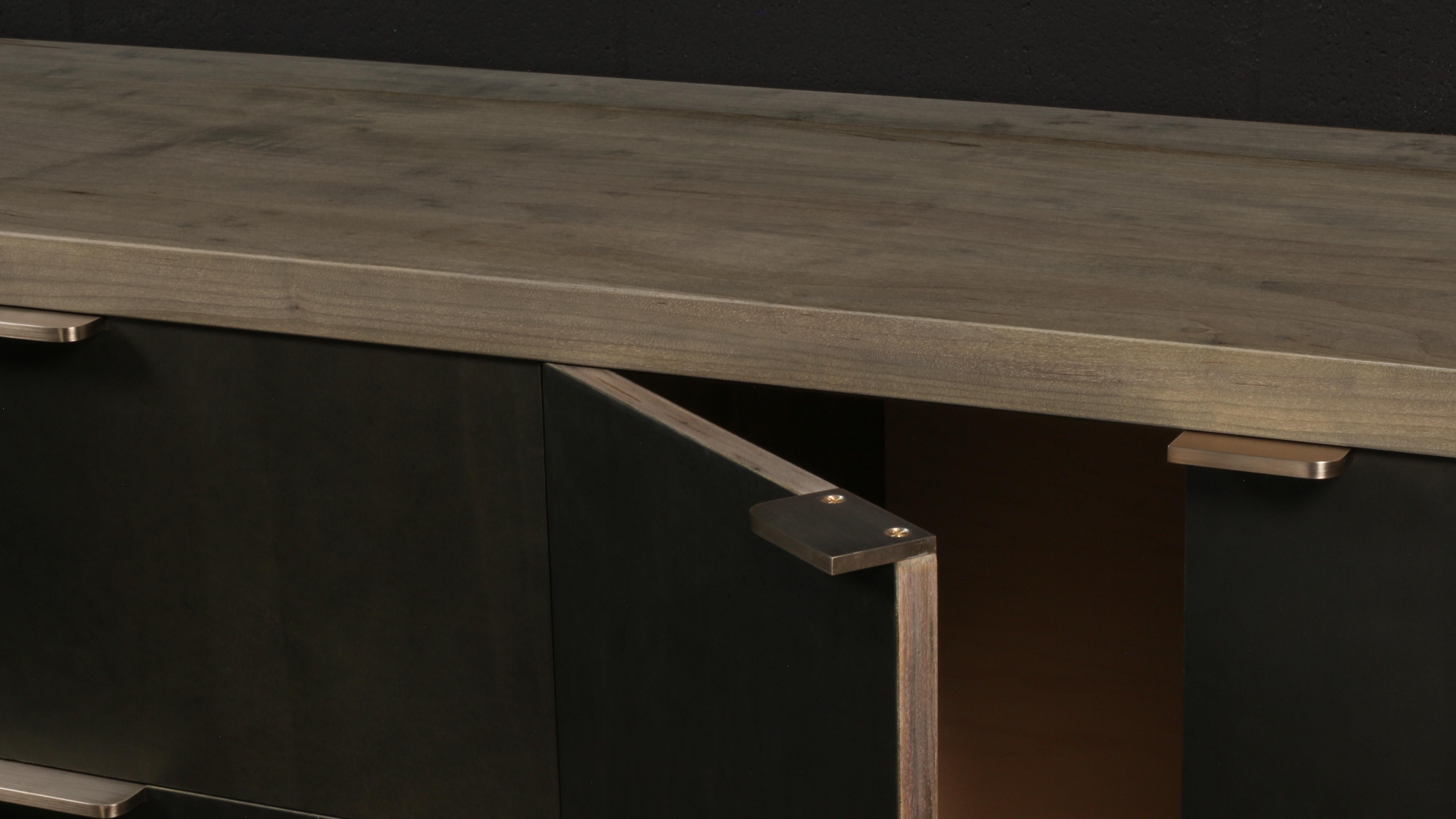 Canadian DREYFUS Floating Sideboard by AMBROZIA, Oxidized Maple, Leather & Dull Champagne For Sale