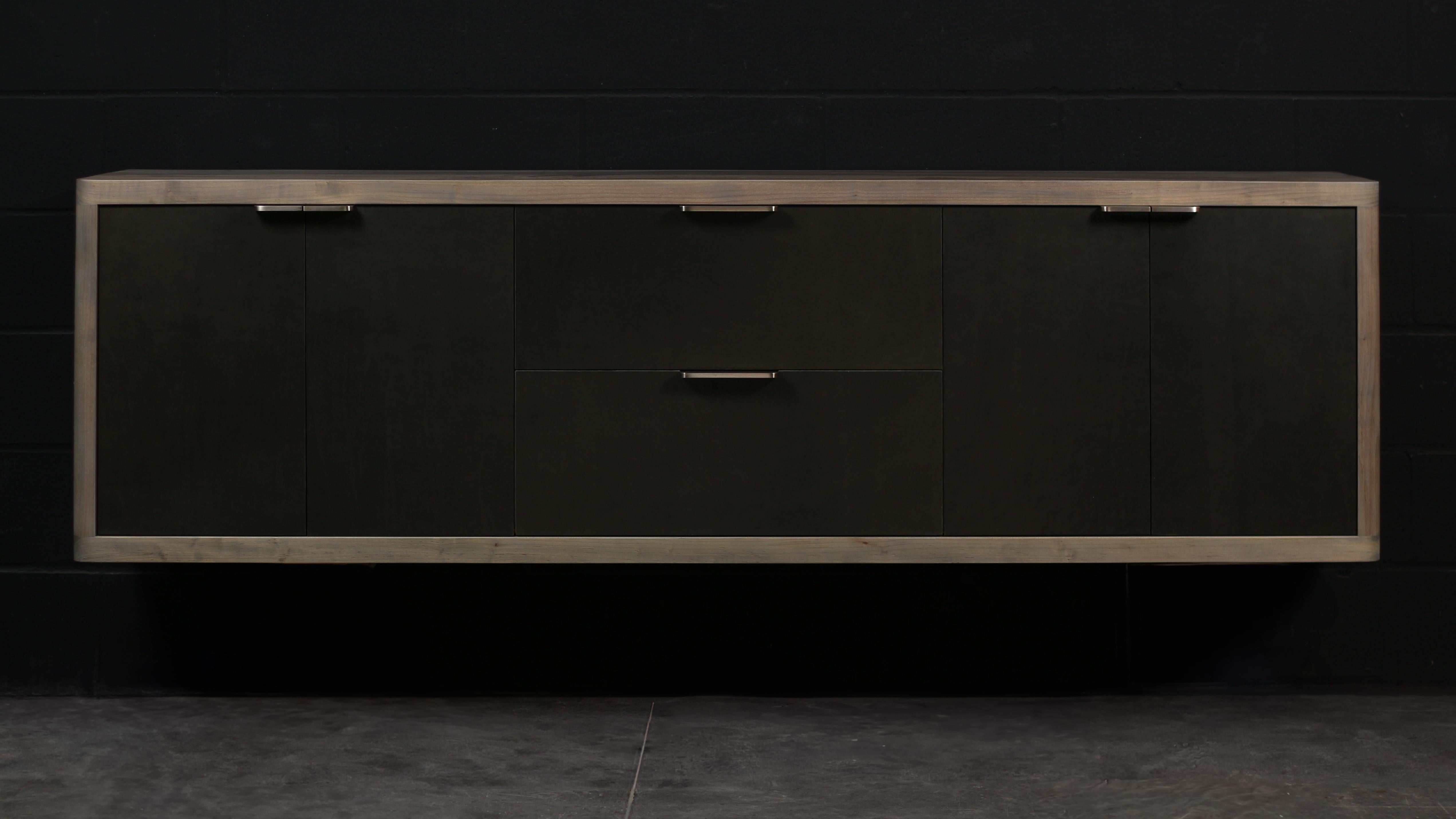Blackened DREYFUS Floating Sideboard by AMBROZIA, Oxidized Maple, Leather & Dull Champagne For Sale