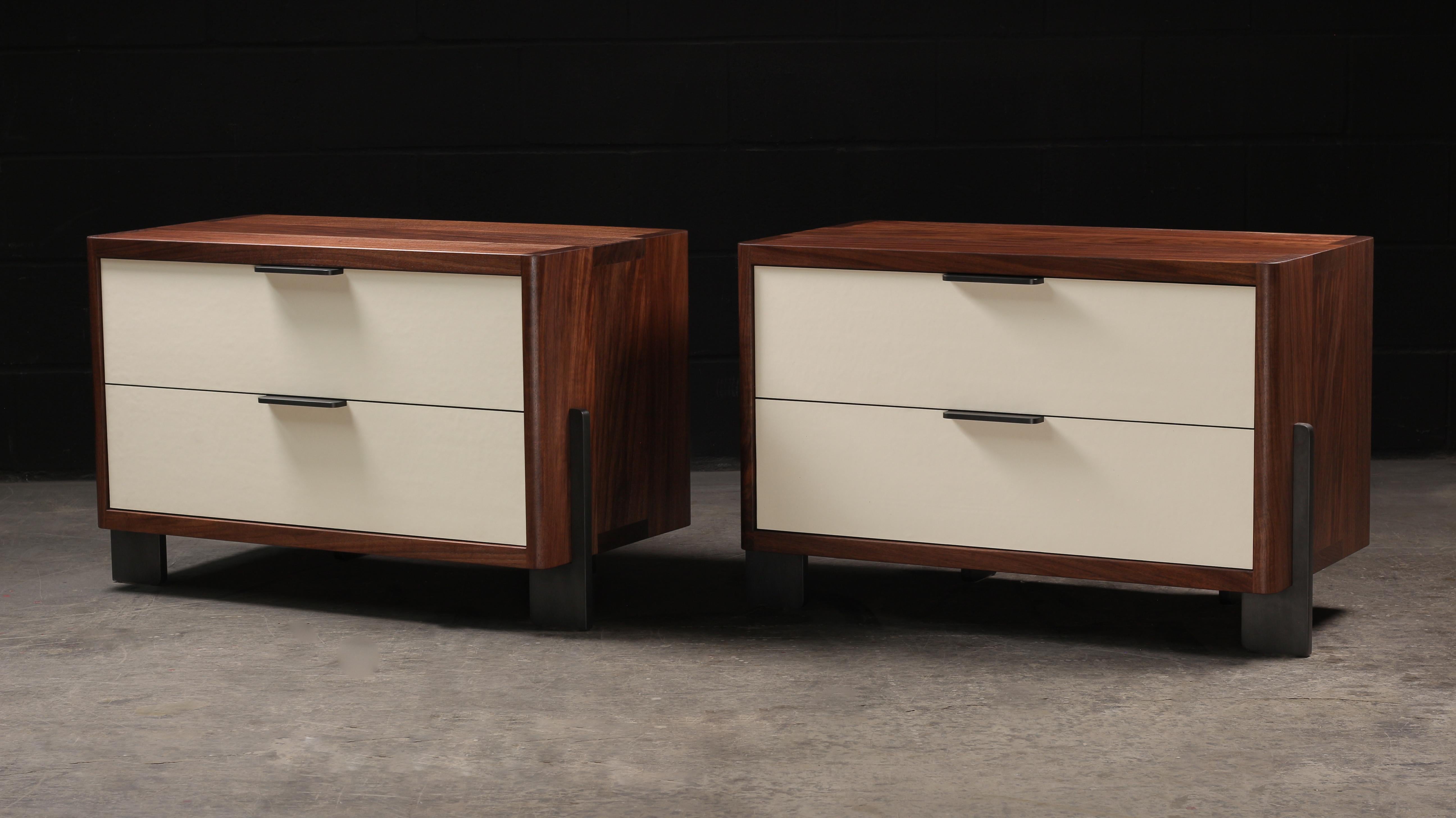 Organic Modern Dreyfus Night Stand, by AMBROZIA, Claro Walnut, Linen Leather & Blackened Steel For Sale