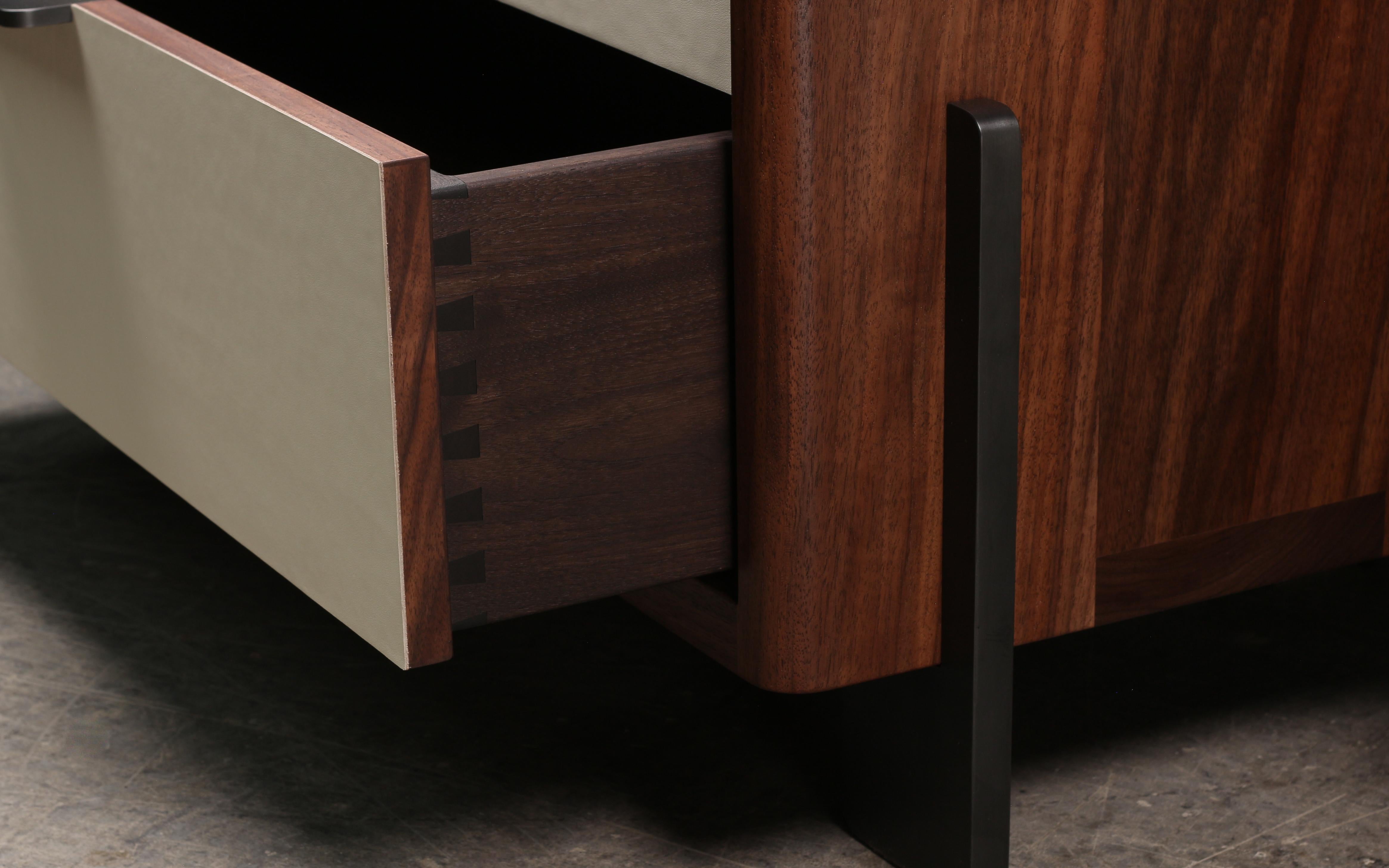 Contemporary Dreyfus Night Stand, by AMBROZIA, Claro Walnut, Linen Leather & Blackened Steel For Sale