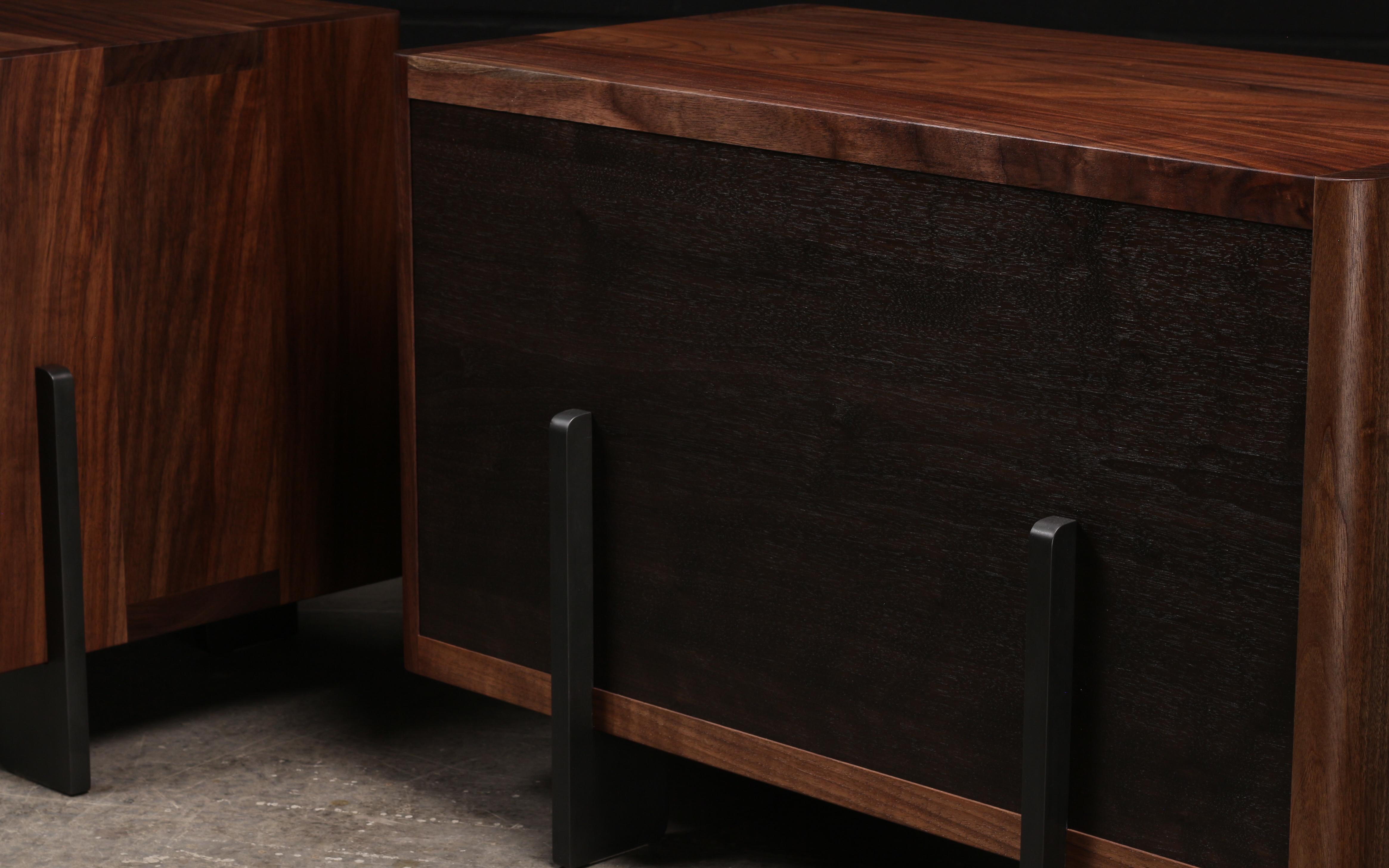 Brass Dreyfus Night Stand, by AMBROZIA, Claro Walnut, Linen Leather & Blackened Steel For Sale