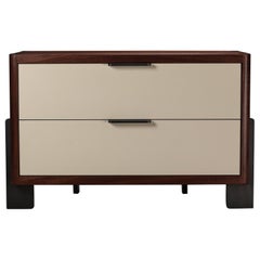Dreyfus Night Stand, by AMBROZIA, Claro Walnut, Linen Leather & Blackened Steel
