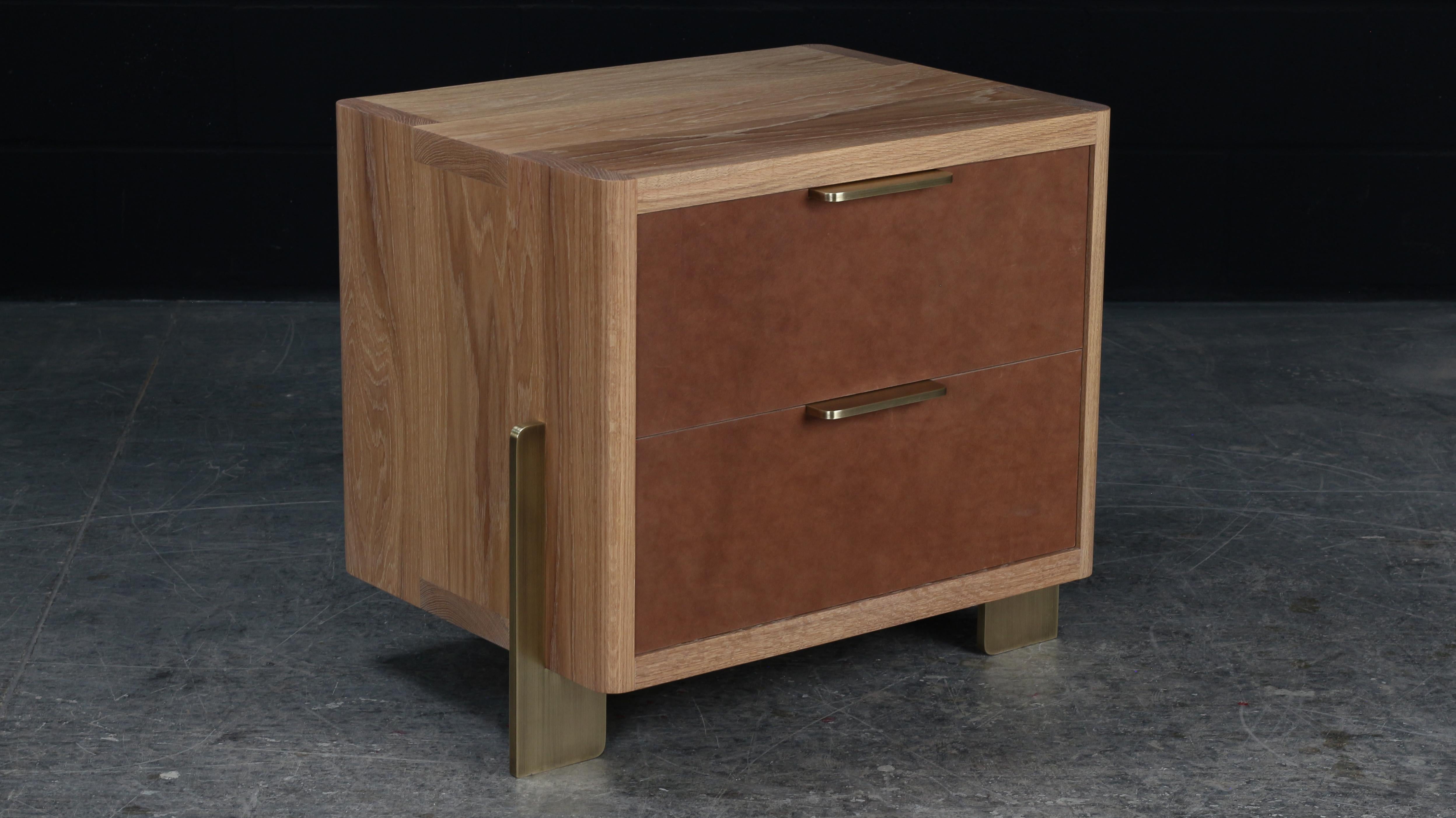 Canadian Dreyfus Night Stand, by AMBROZIA, White Oak, Taos Brown Leather & Antique Brass For Sale