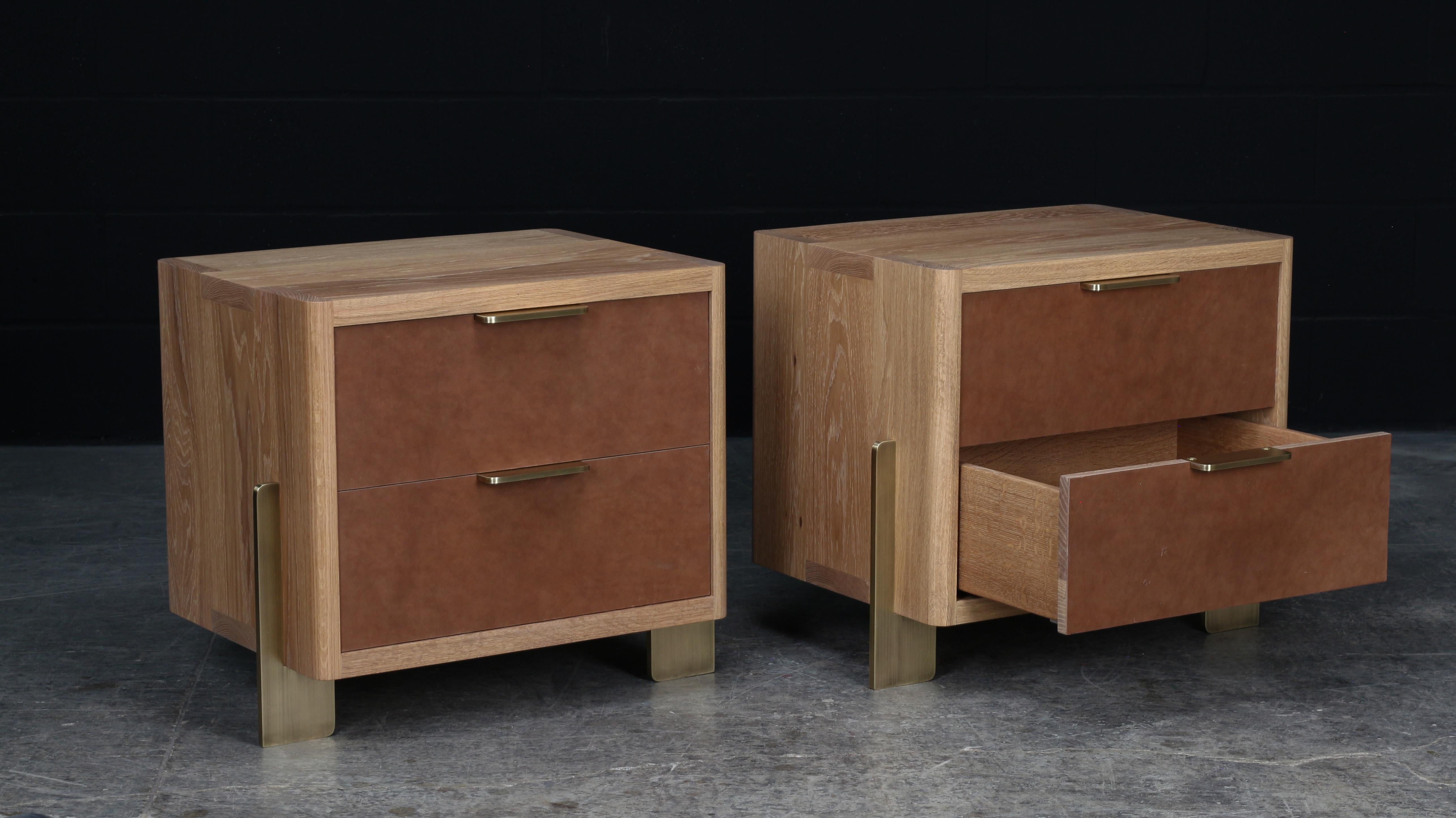 Contemporary Dreyfus Night Stand, by AMBROZIA, White Oak, Taos Brown Leather & Antique Brass For Sale