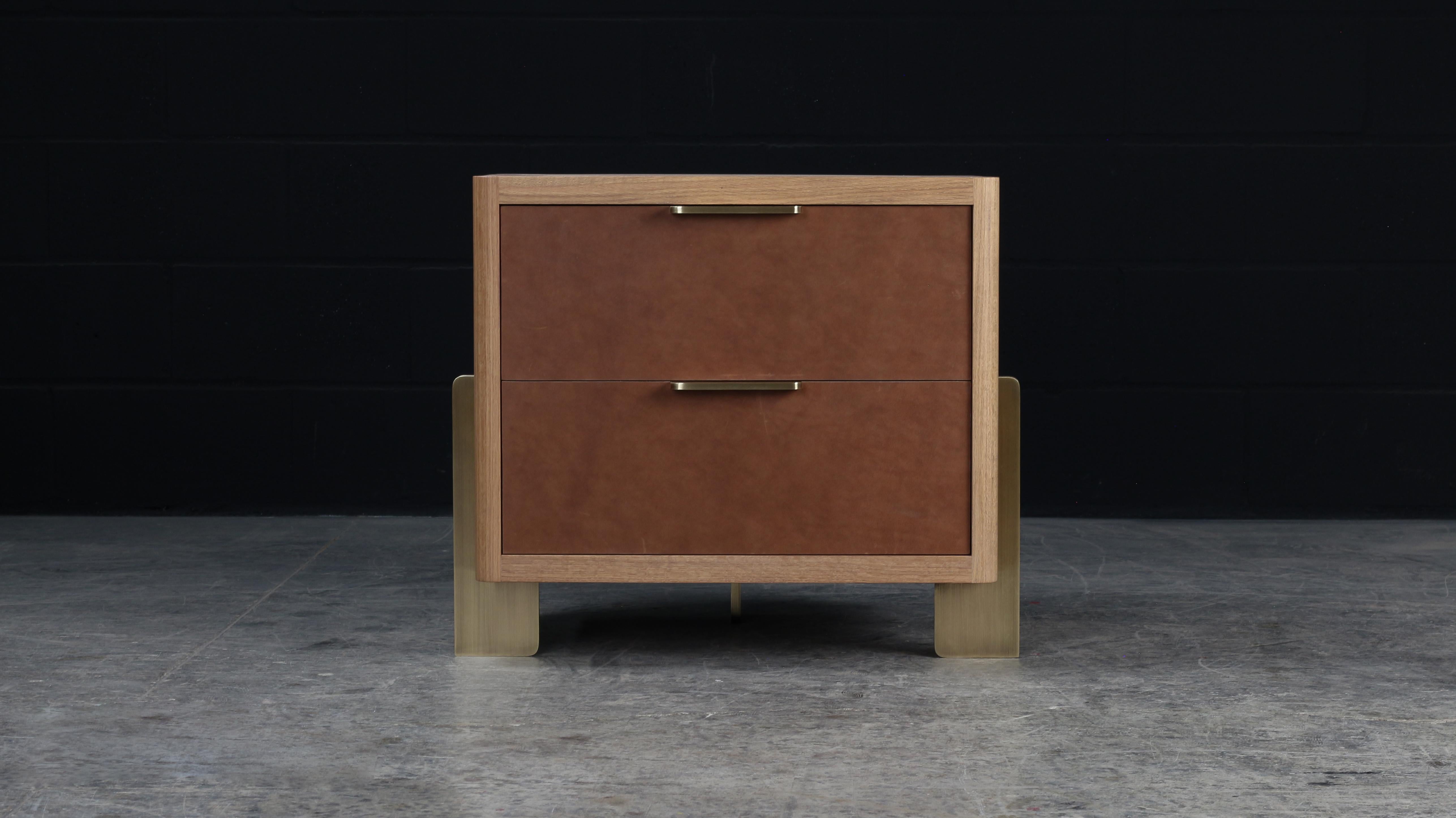 Dreyfus Night Stand, by AMBROZIA, White Oak, Taos Brown Leather & Antique Brass For Sale 2