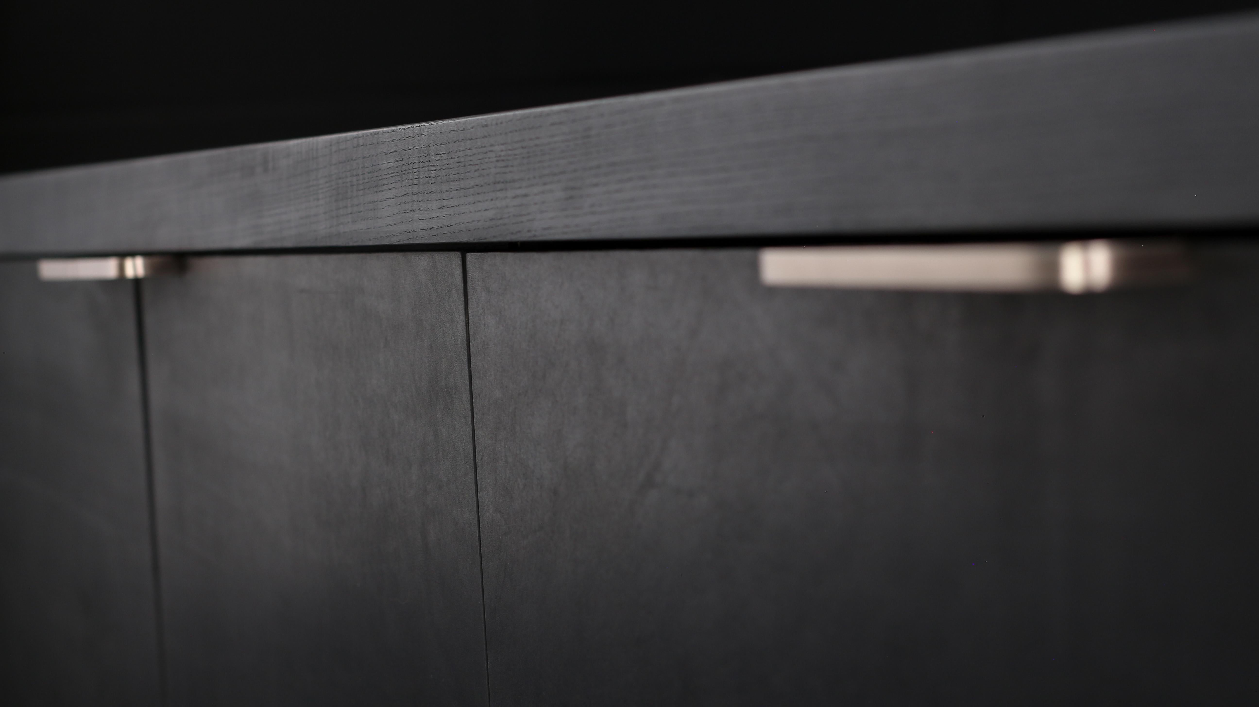 Canadian Dreyfus Sideboard, by AMBROZIA, Ebonized Ash, Black Leather & Dull Champagne For Sale
