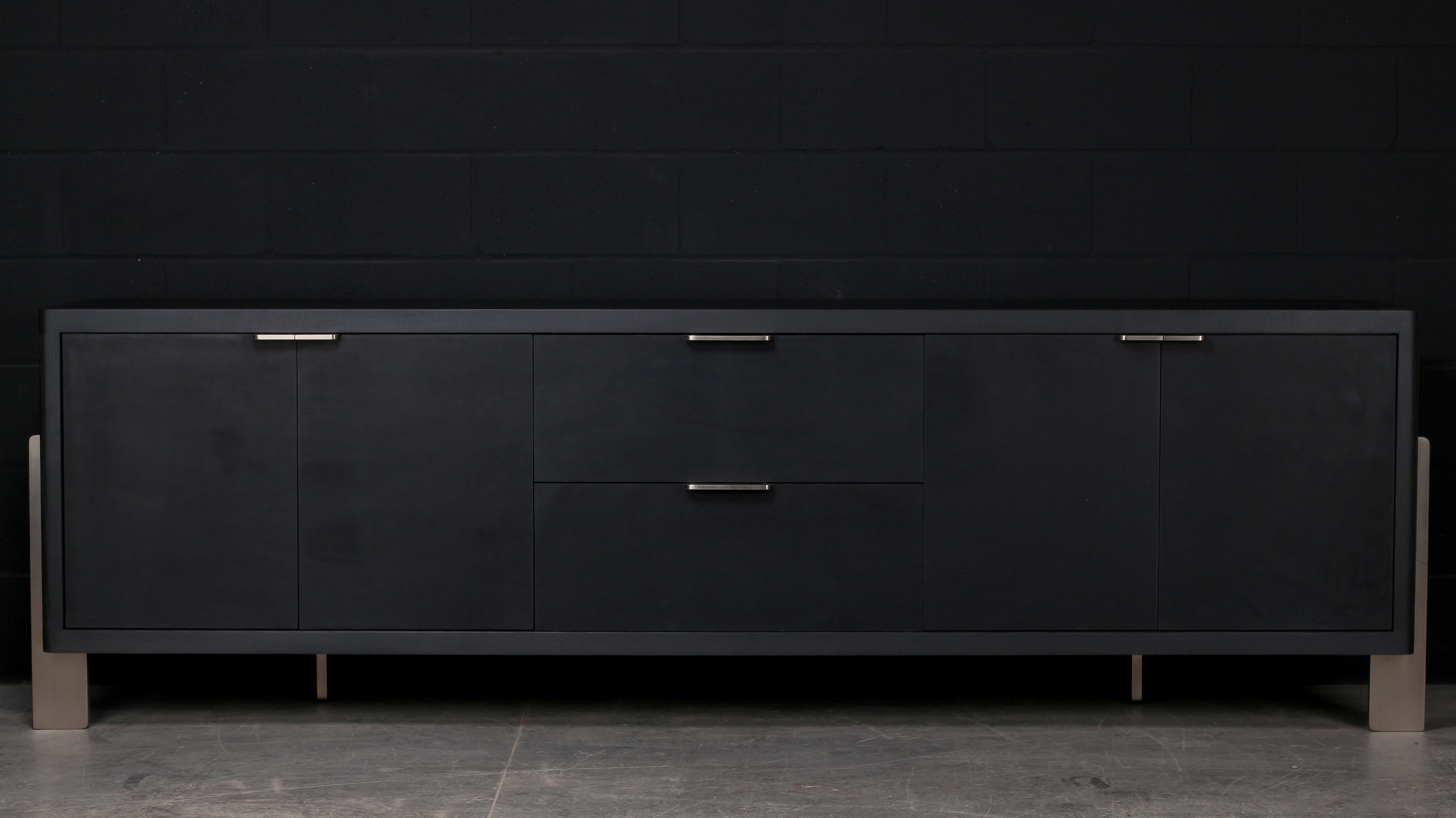 Blackened Dreyfus Sideboard, by AMBROZIA, Ebonized Ash, Black Leather & Dull Champagne For Sale