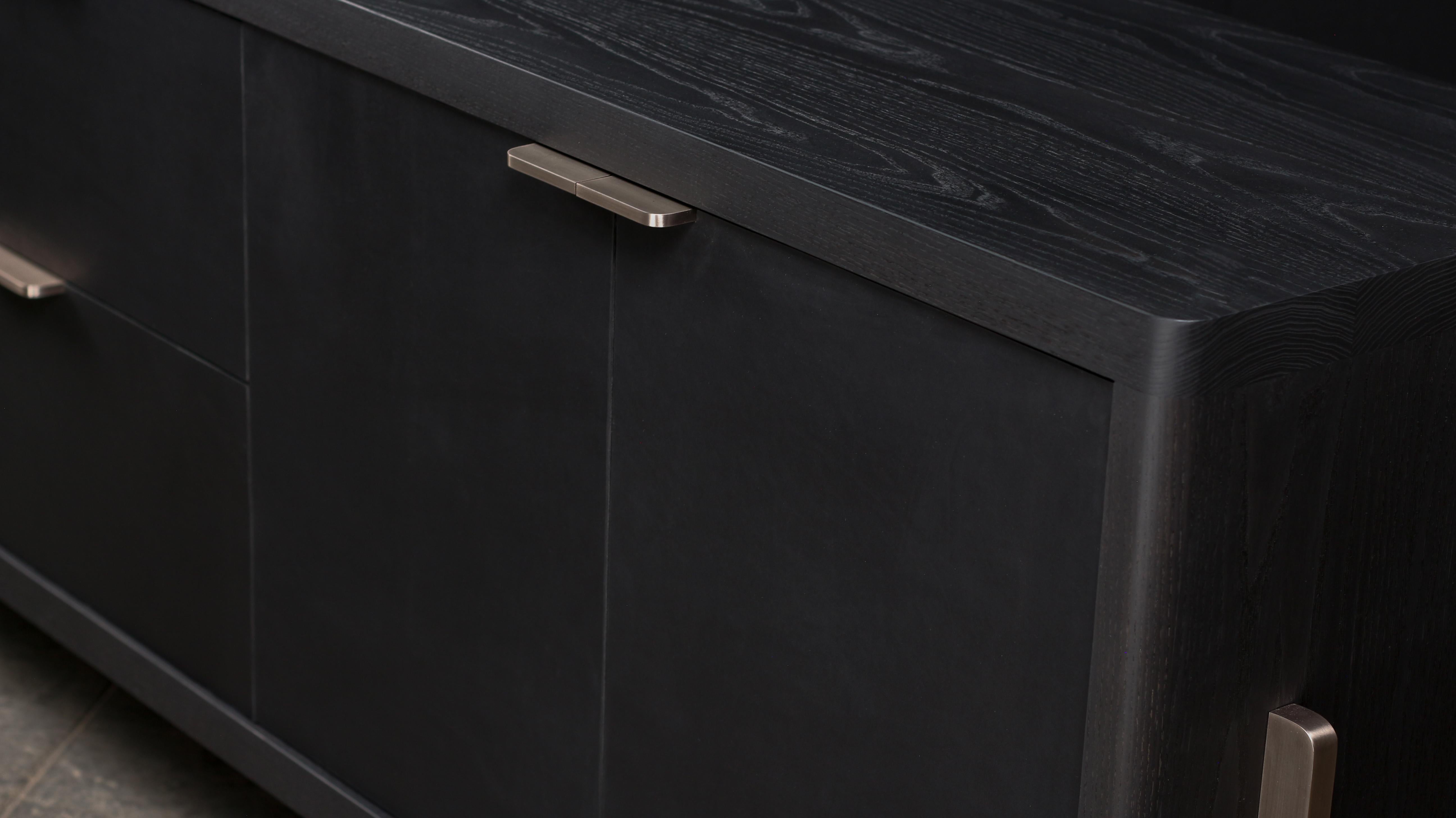 Dreyfus Sideboard, by AMBROZIA, Ebonized Ash, Black Leather & Dull Champagne In New Condition For Sale In Drummondville, Quebec