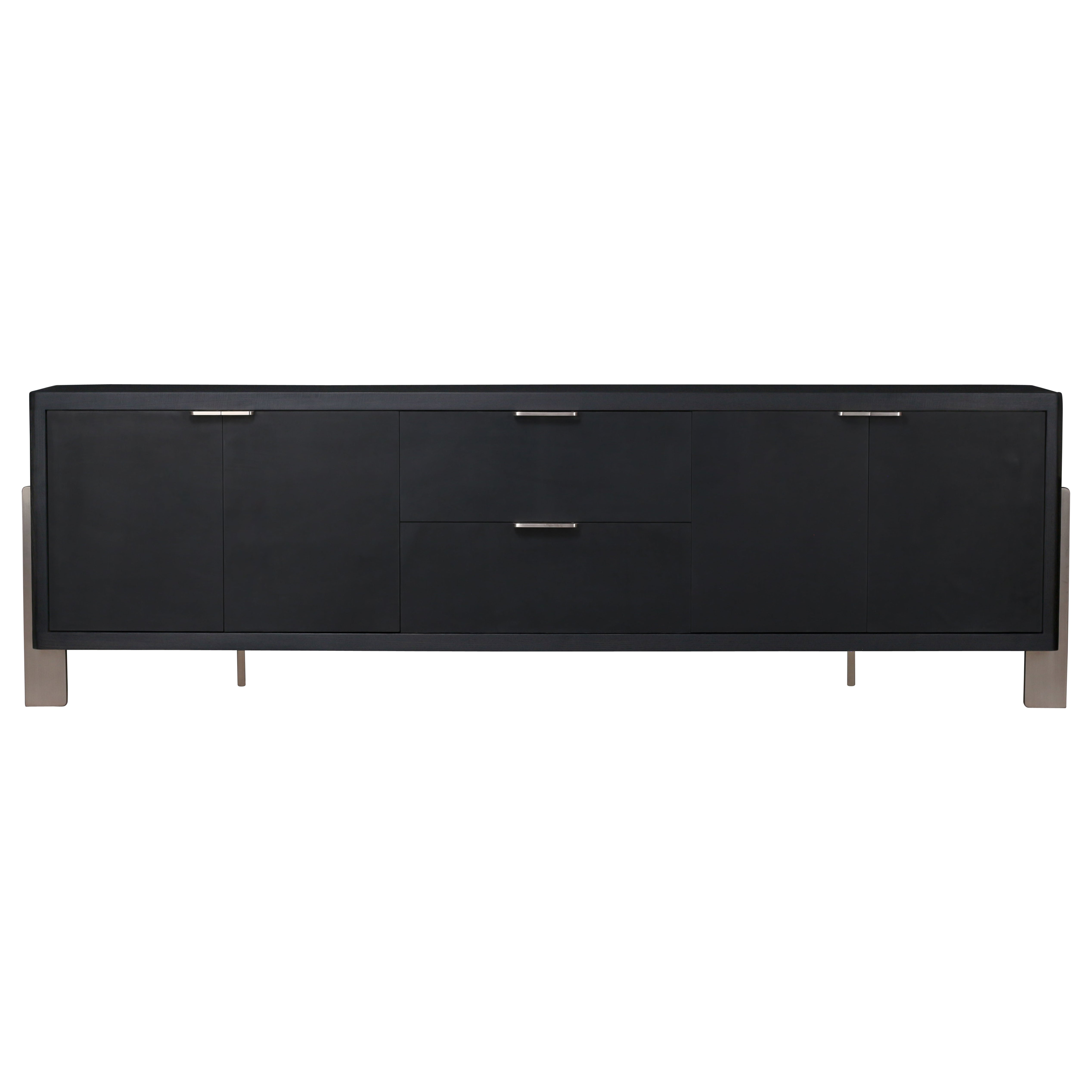 DREYFUS Sideboard by AMBROZIA, Solid Ebonized Ash, Black Leather & Champagne