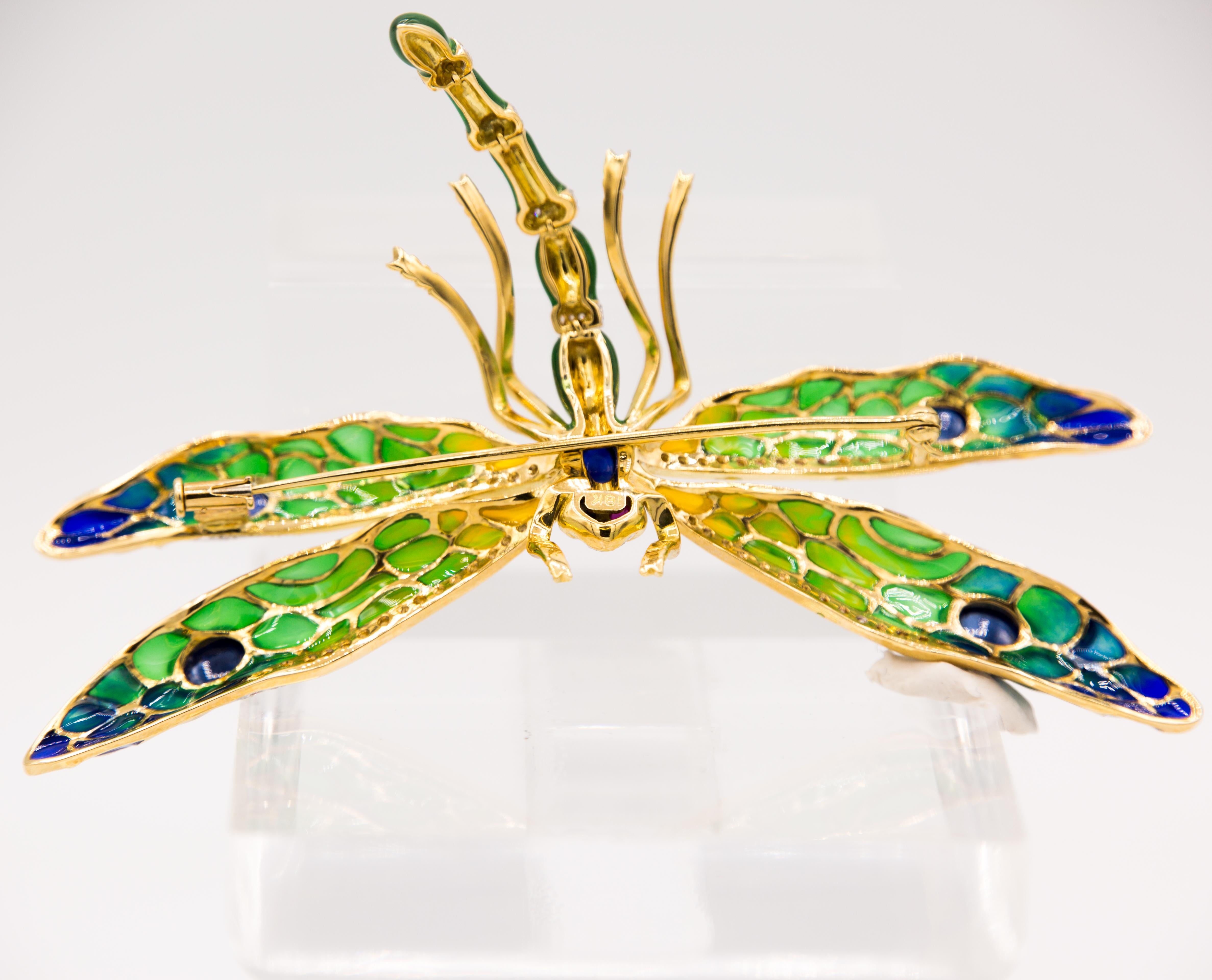 Women's or Men's Drgonfly brooch enamel diamond sapphire ruby 18 k gold For Sale
