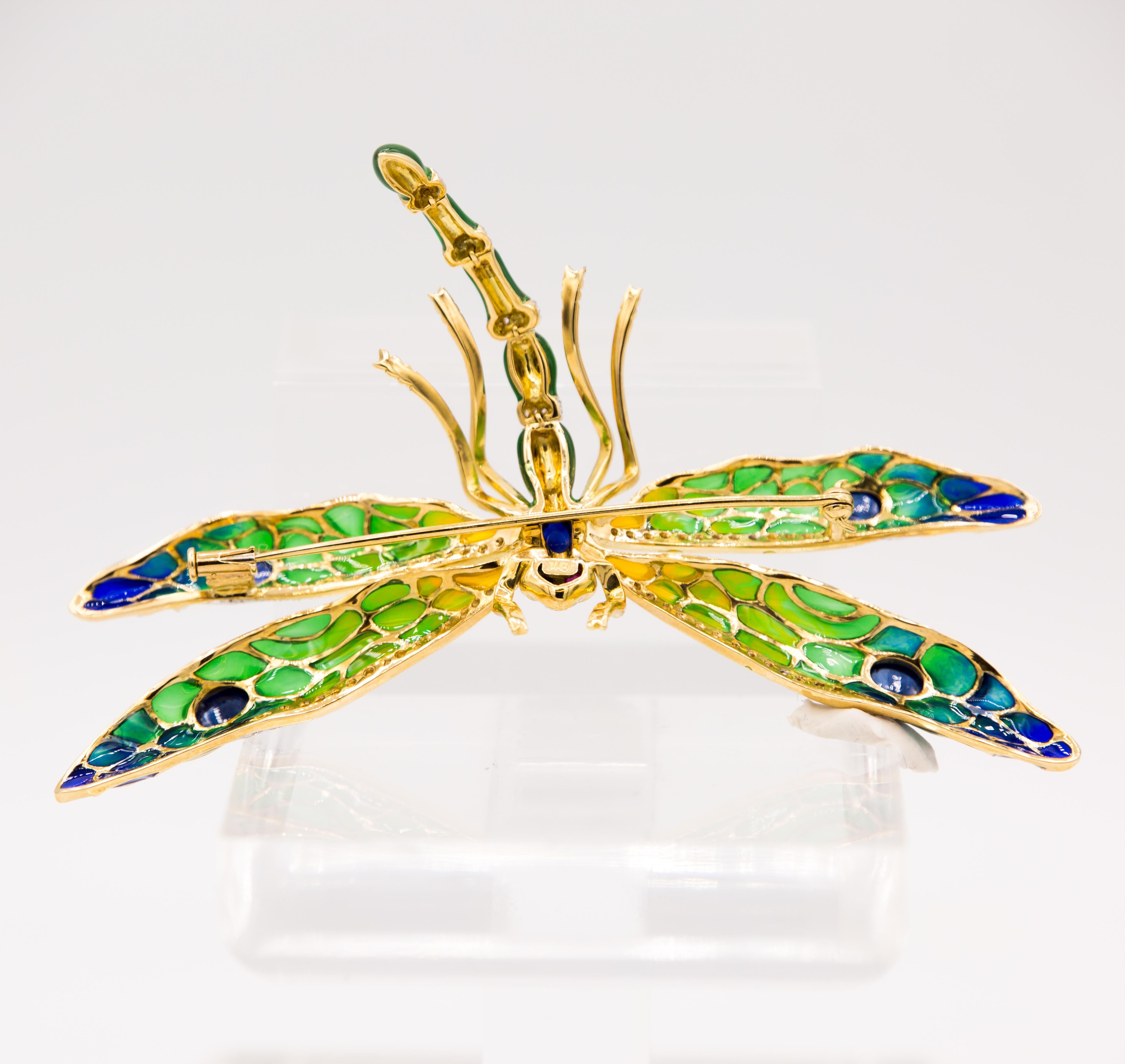 Drgonfly brooch enamel diamond sapphire ruby 18 k gold For Sale 1