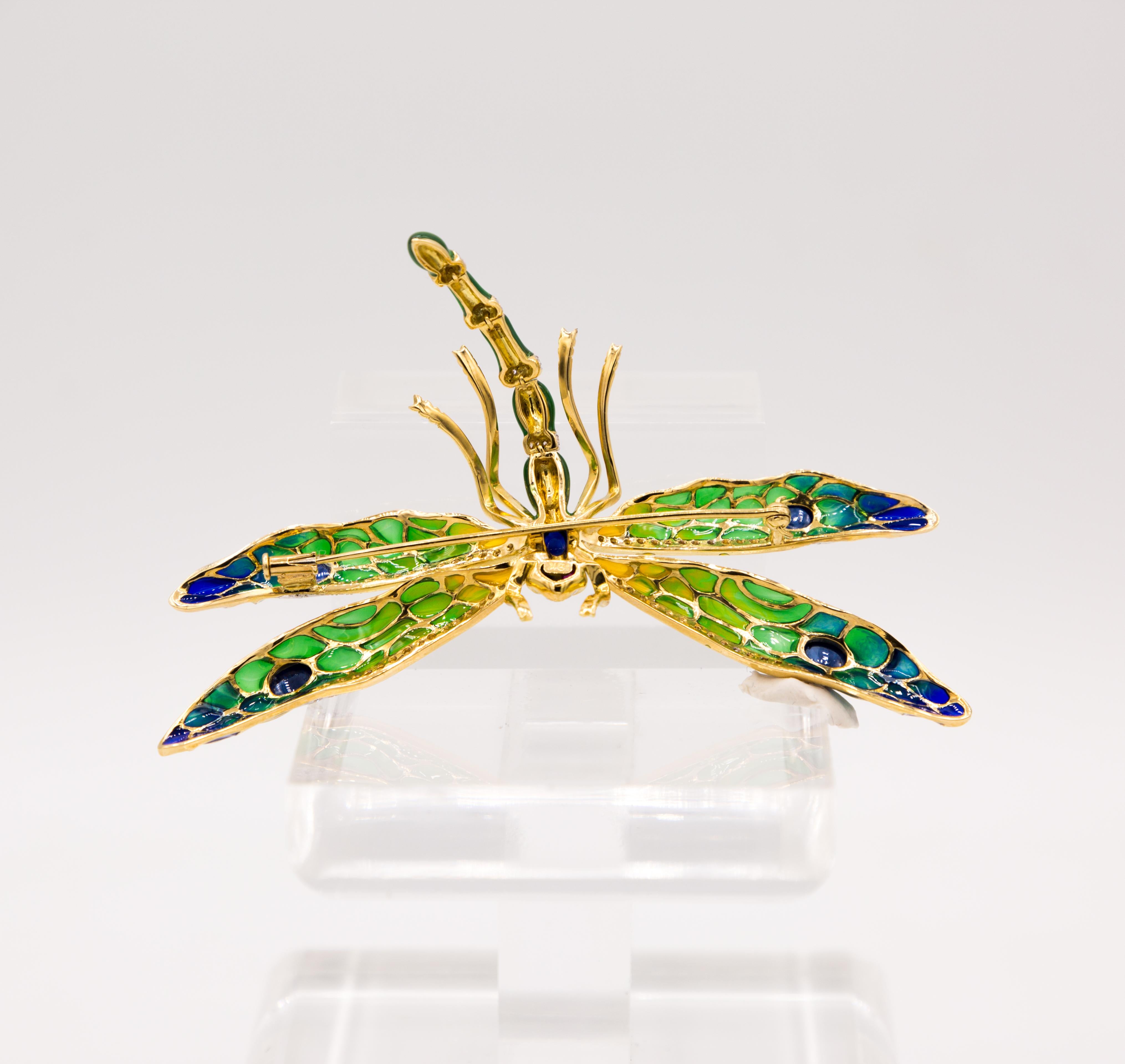 Drgonfly brooch enamel diamond sapphire ruby 18 k gold For Sale 2