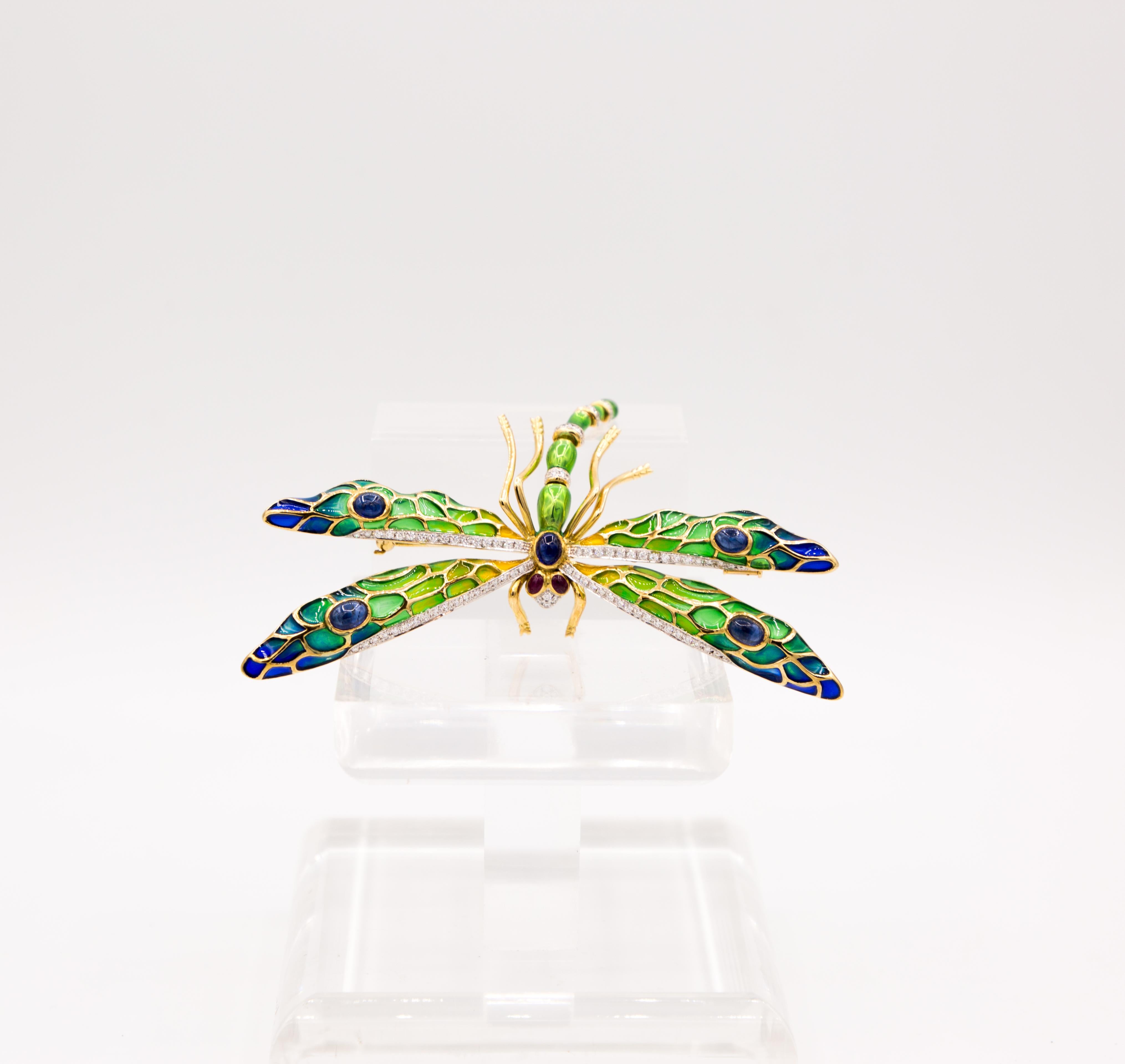 Drgonfly brooch enamel diamond sapphire ruby 18 k gold For Sale 4