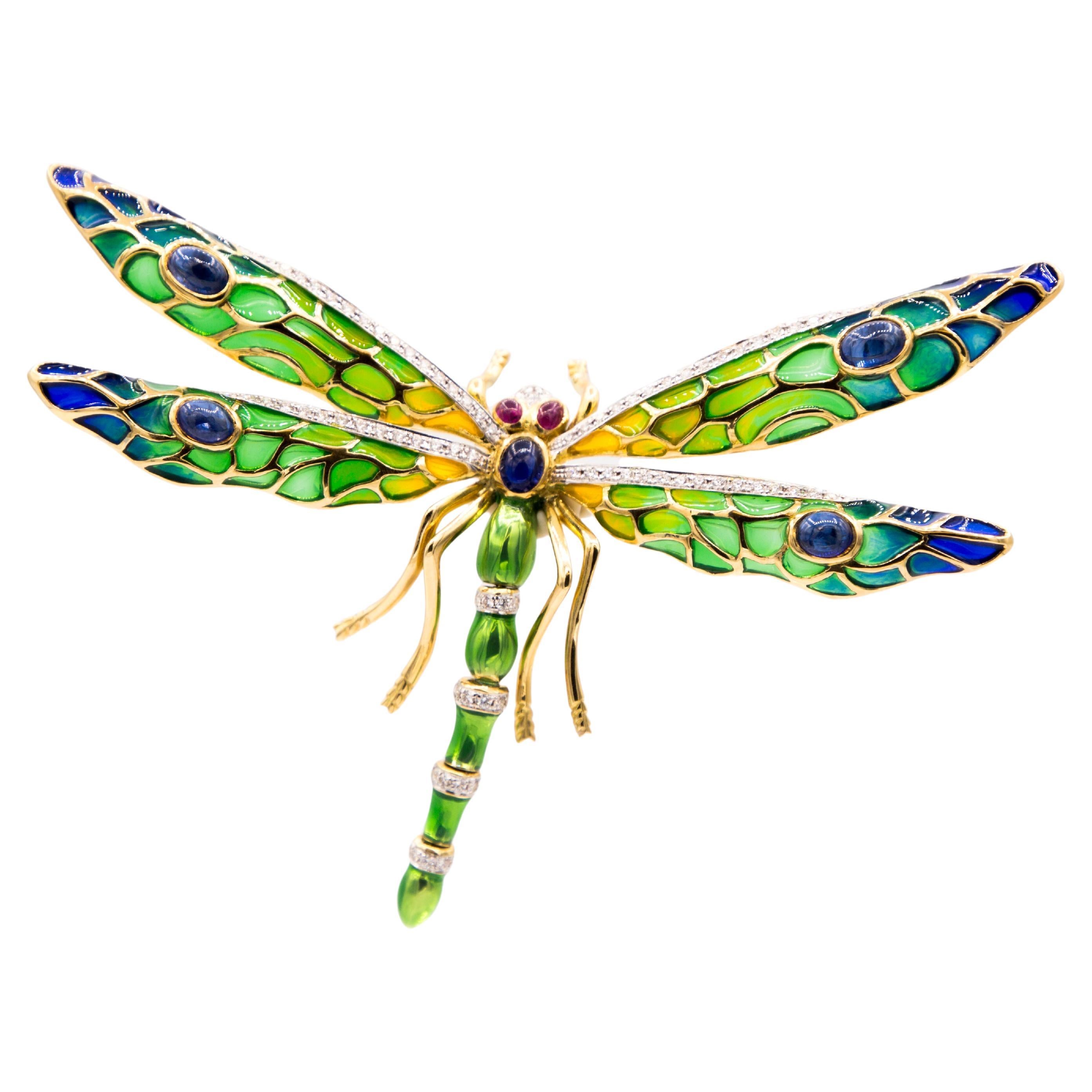 Broche Drgonfly émaillée, diamant, saphir, rubis et or 18 carats en vente