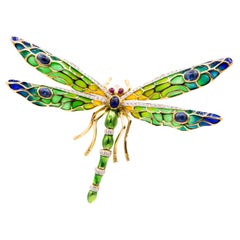 Broche Drgonfly émaillée, diamant, saphir, rubis et or 18 carats