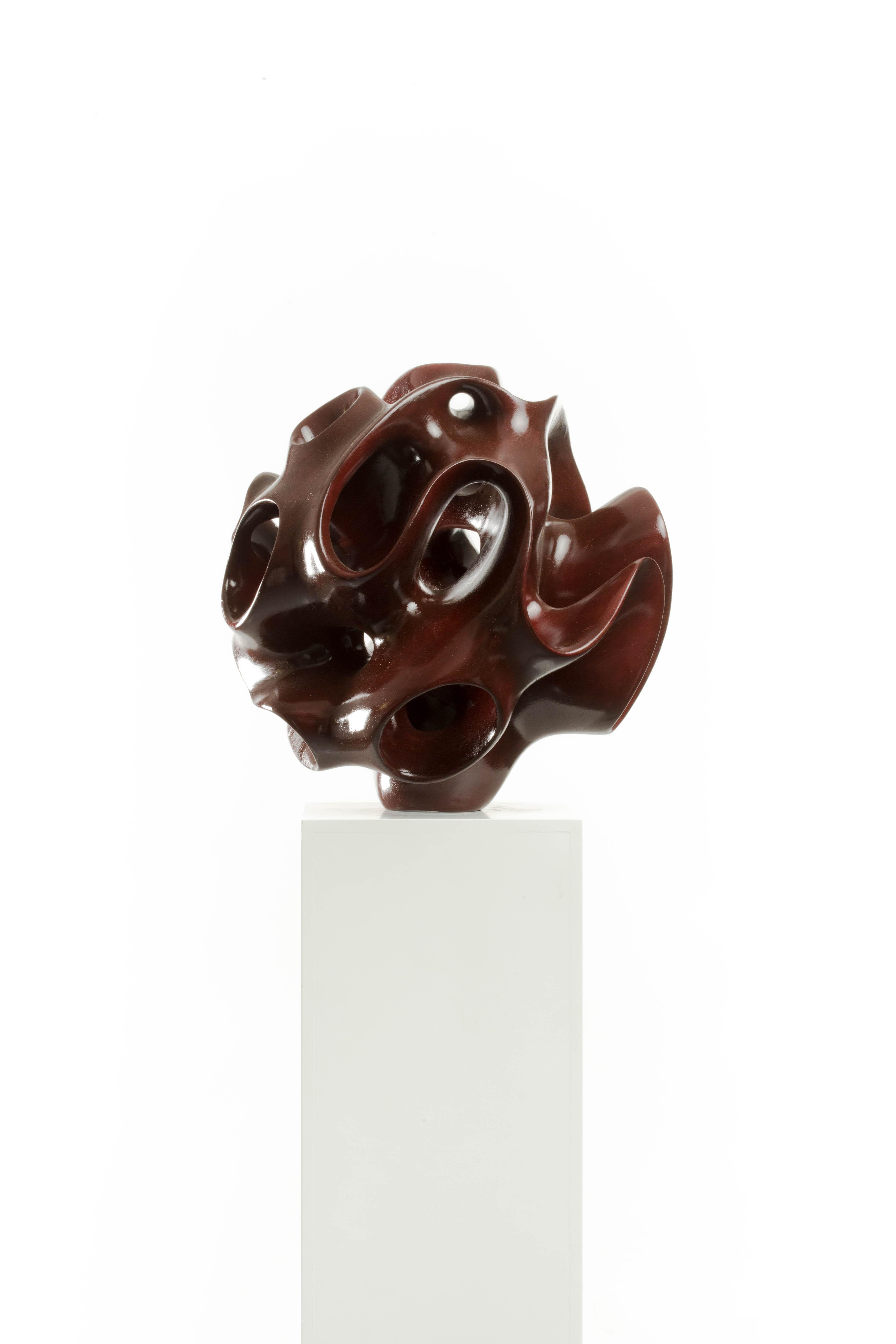 Driaan Claassen Abstract Sculpture - Maroon, Wood, Sphere, Stained, Art, Abstract, Sculpture, Modern, Contemporary