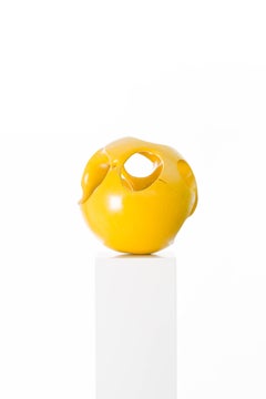 Yellow, Wood, Stained, Sphere, Abstract, Contemporary, Art, Sculpture, Modern