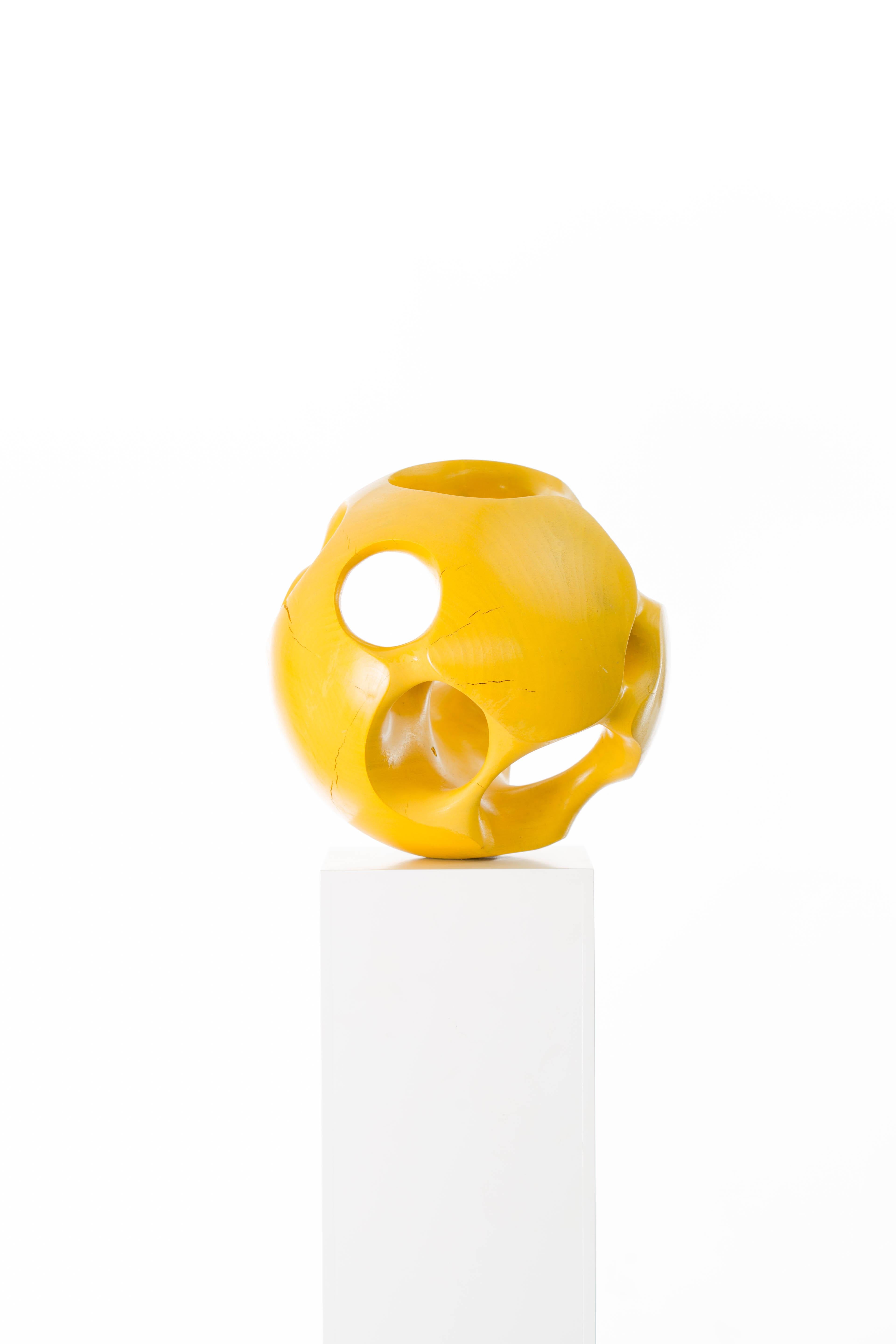 Yellow, Wood, Stained, Sphere, Abstract, Contemporary, Art, Sculpture, Modern - Brown Abstract Sculpture by Driaan Claassen