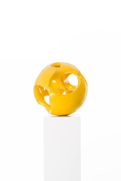 Yellow, Wood, Stained, Sphere, Abstract, Contemporary, Art, Sculpture, Modern