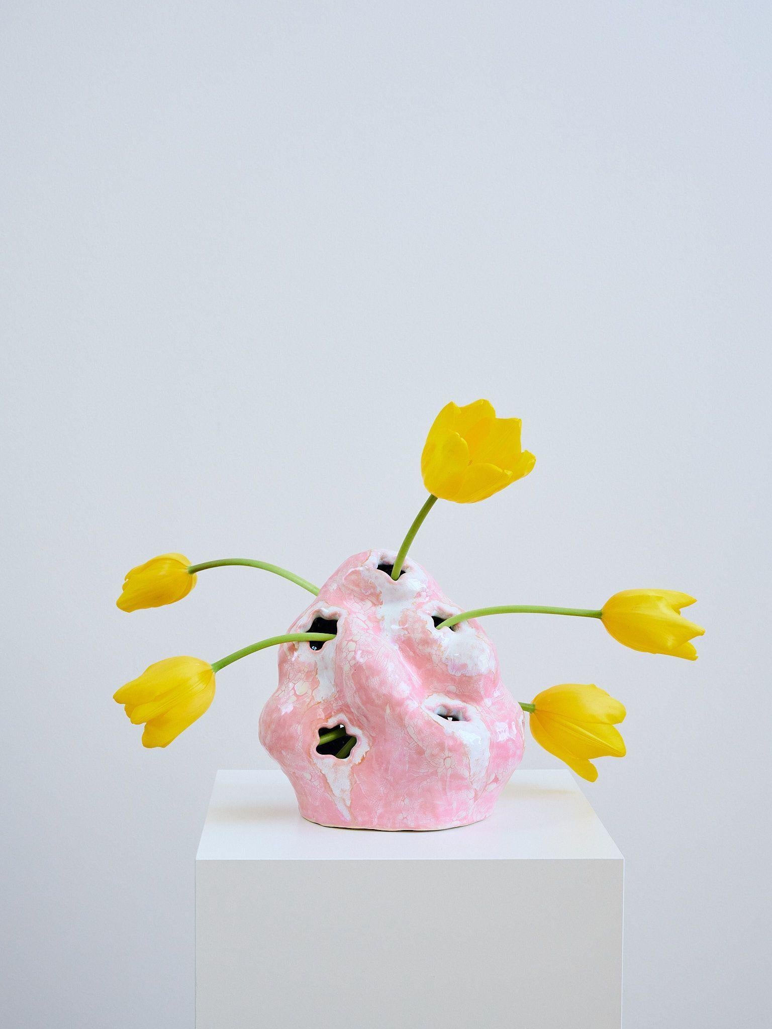 Canadian Unique Pink and White Glazed Ceramic Tulipiere or Flower Vase