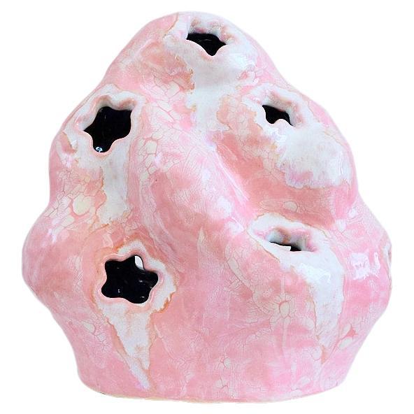 Unique, hand-crafted pastel pink & white glazed ceramic flower vase or tulipiere, entitled 