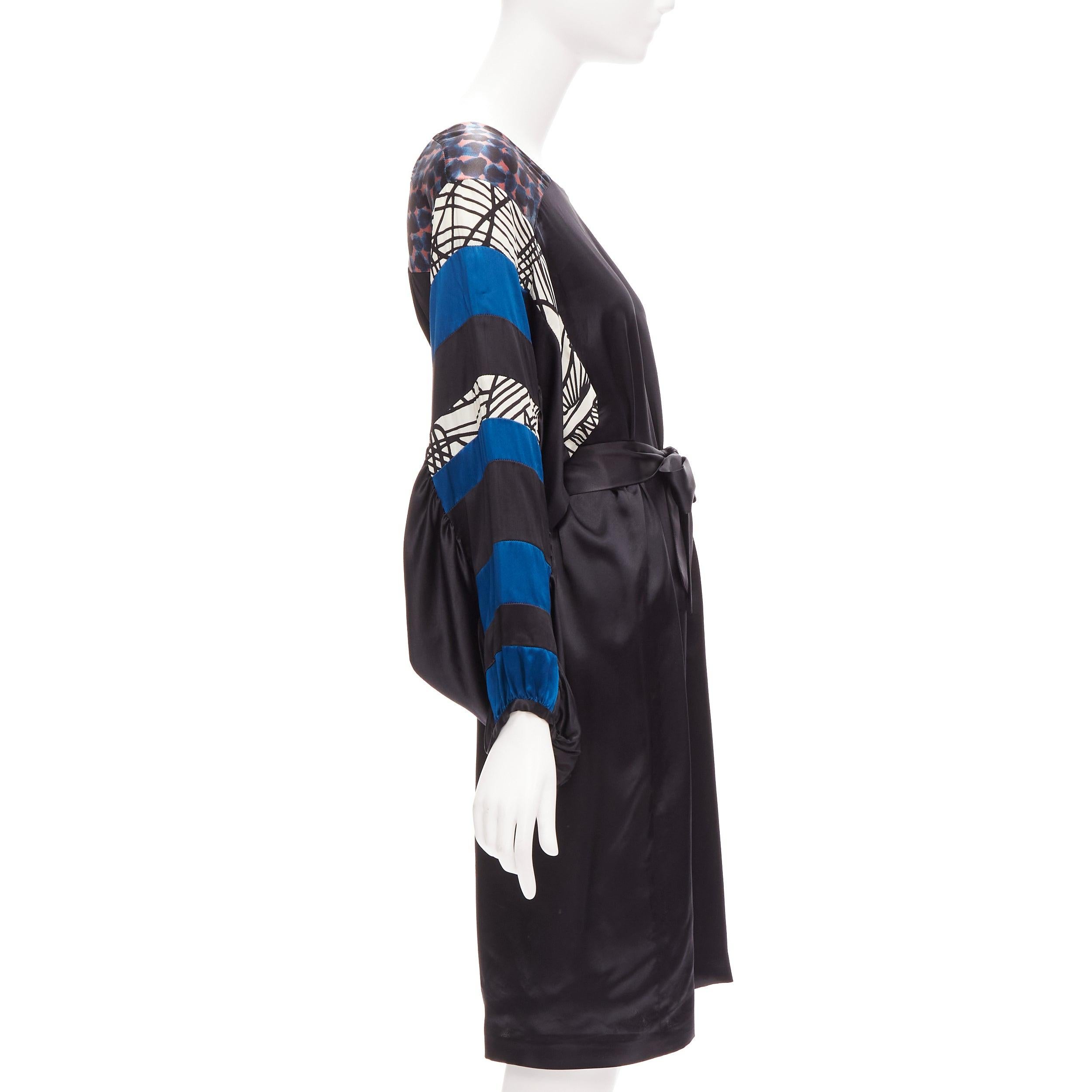 Black DRIES VAN NOTEN 100% silk black mixed print belted billow knee dress FR36 S For Sale