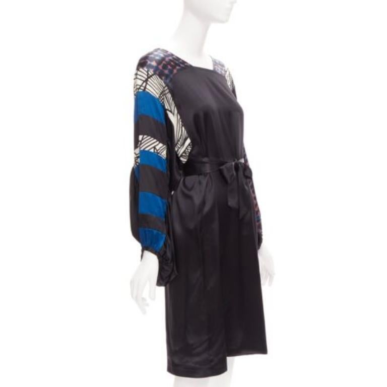 Black DRIES VAN NOTEN 100% silk black mixed print belted billow knee dress FR36 S For Sale