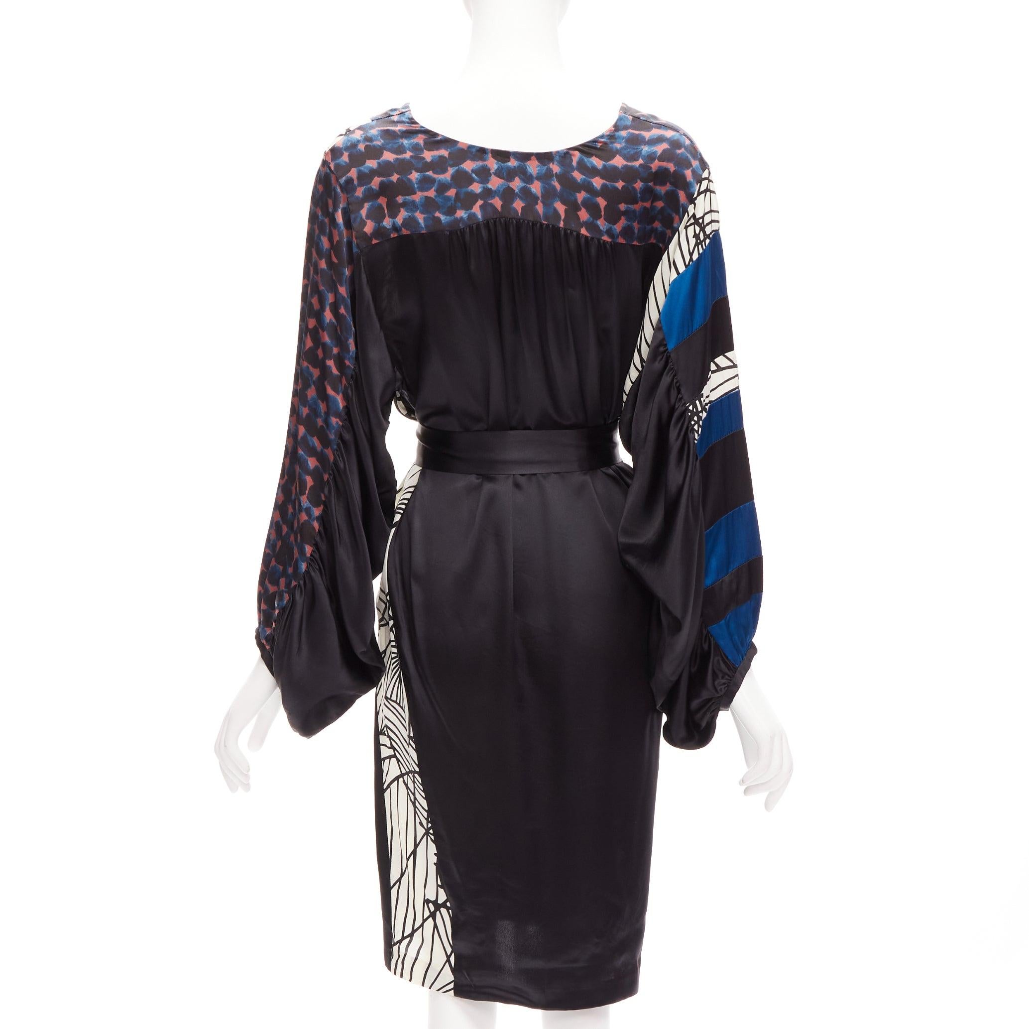 DRIES VAN NOTEN 100% silk black mixed print belted billow knee dress FR36 S In Excellent Condition For Sale In Hong Kong, NT
