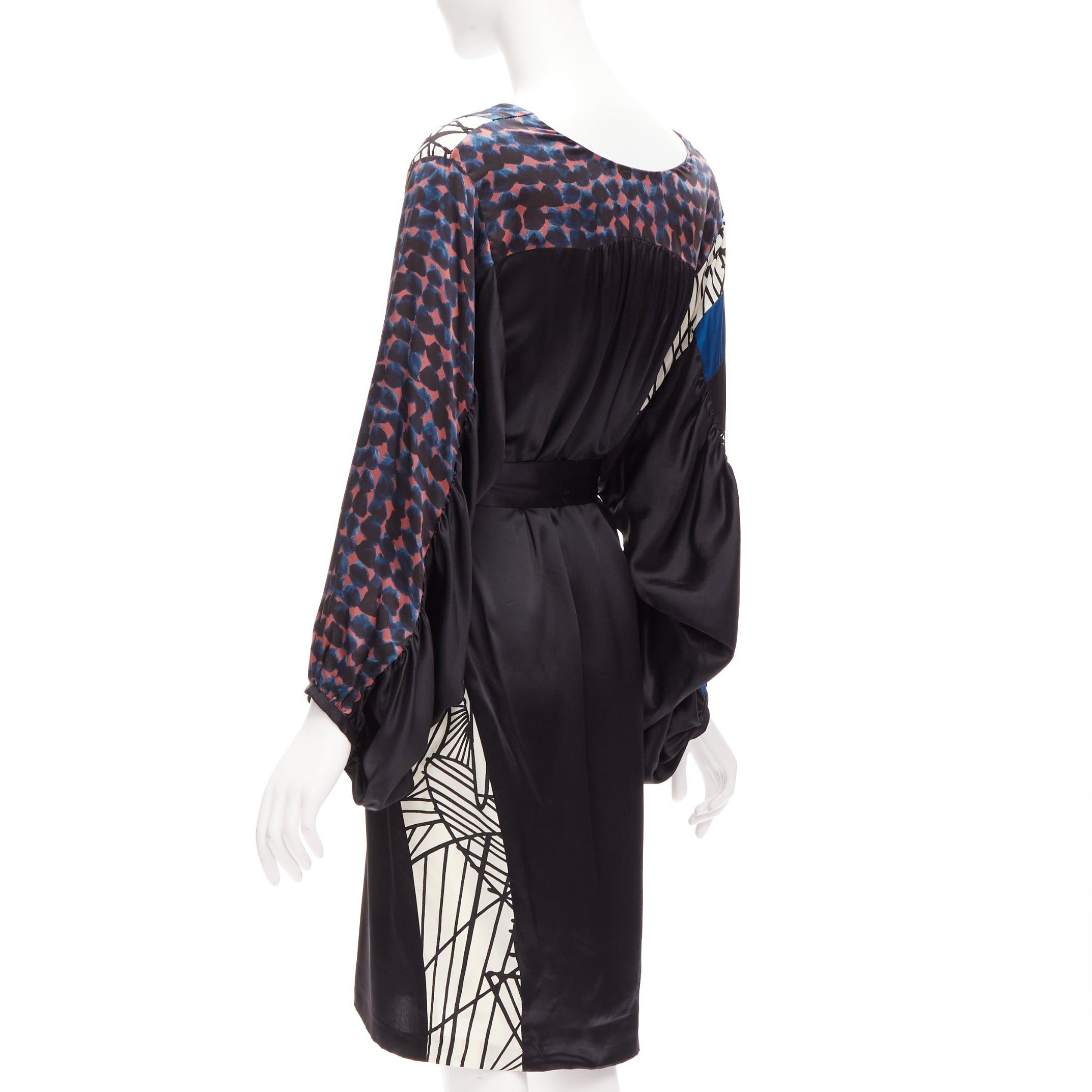 Women's DRIES VAN NOTEN 100% silk black mixed print belted billow knee dress FR36 S For Sale