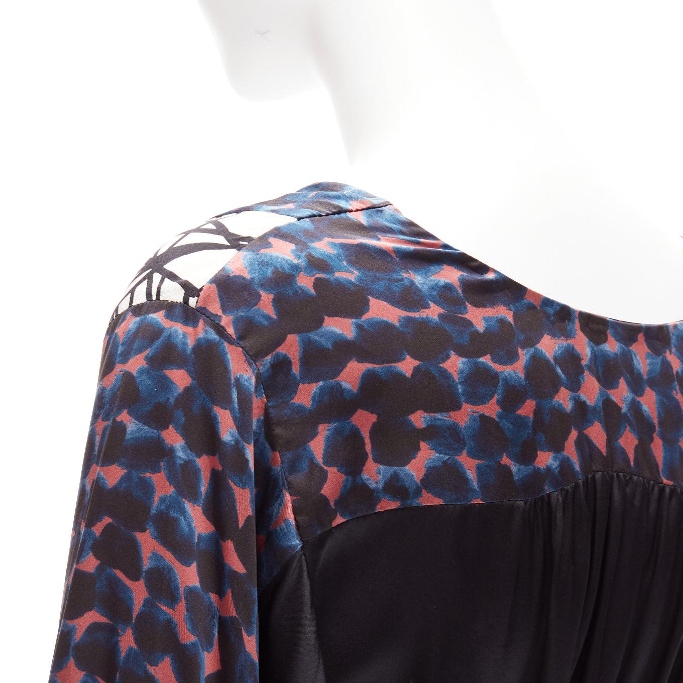 DRIES VAN NOTEN 100% silk black mixed print belted billow knee dress FR36 S For Sale 1