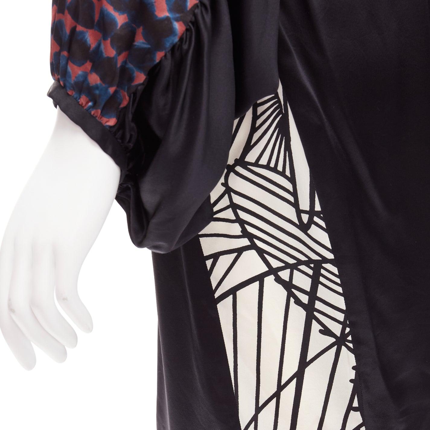 DRIES VAN NOTEN 100% silk black mixed print belted billow knee dress FR36 S For Sale 2