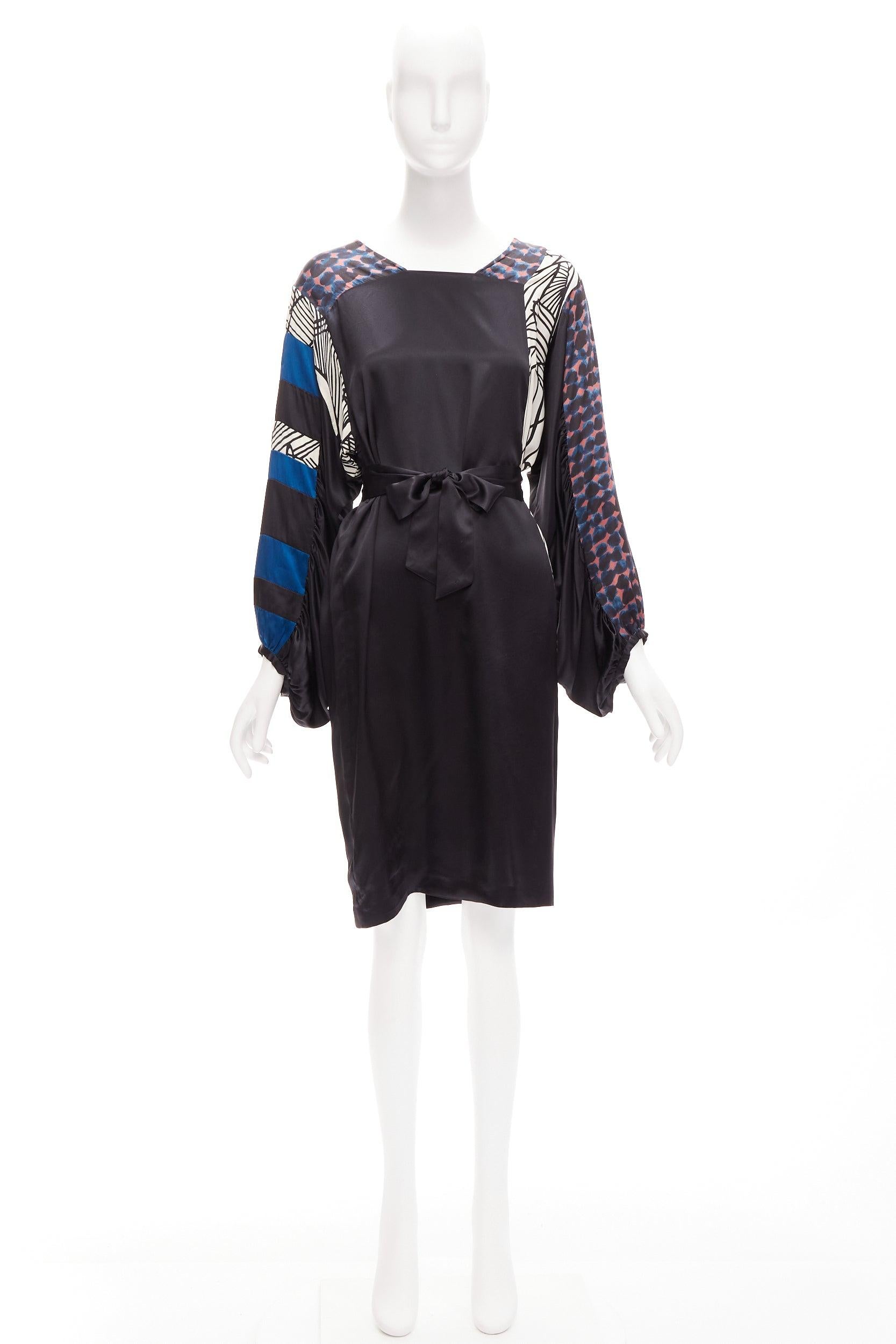 DRIES VAN NOTEN 100% silk black mixed print belted billow knee dress FR36 S For Sale 3