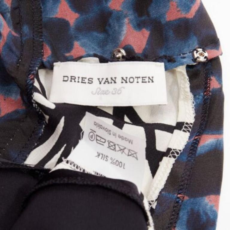 DRIES VAN NOTEN 100% silk black mixed print belted billow knee dress FR36 S For Sale 3