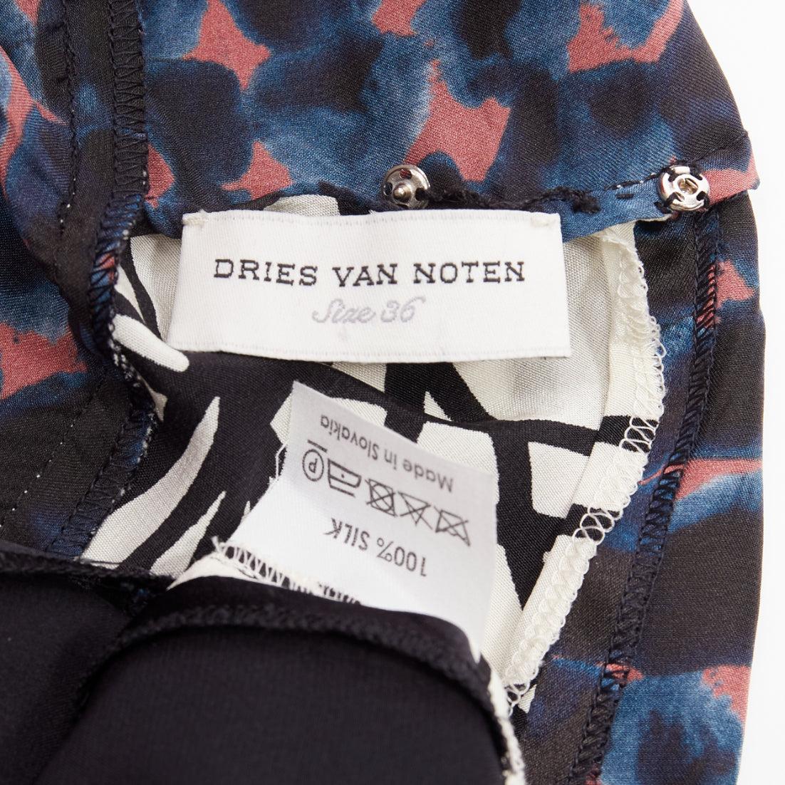 DRIES VAN NOTEN 100% silk black mixed print belted billow knee dress FR36 S For Sale 4