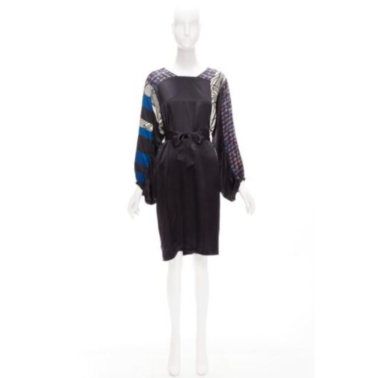 DRIES VAN NOTEN 100% silk black mixed print belted billow knee dress FR36 S For Sale 4