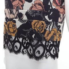 DRIES VAN NOTEN 100% silk black red floral block print lace hem top FR38 M