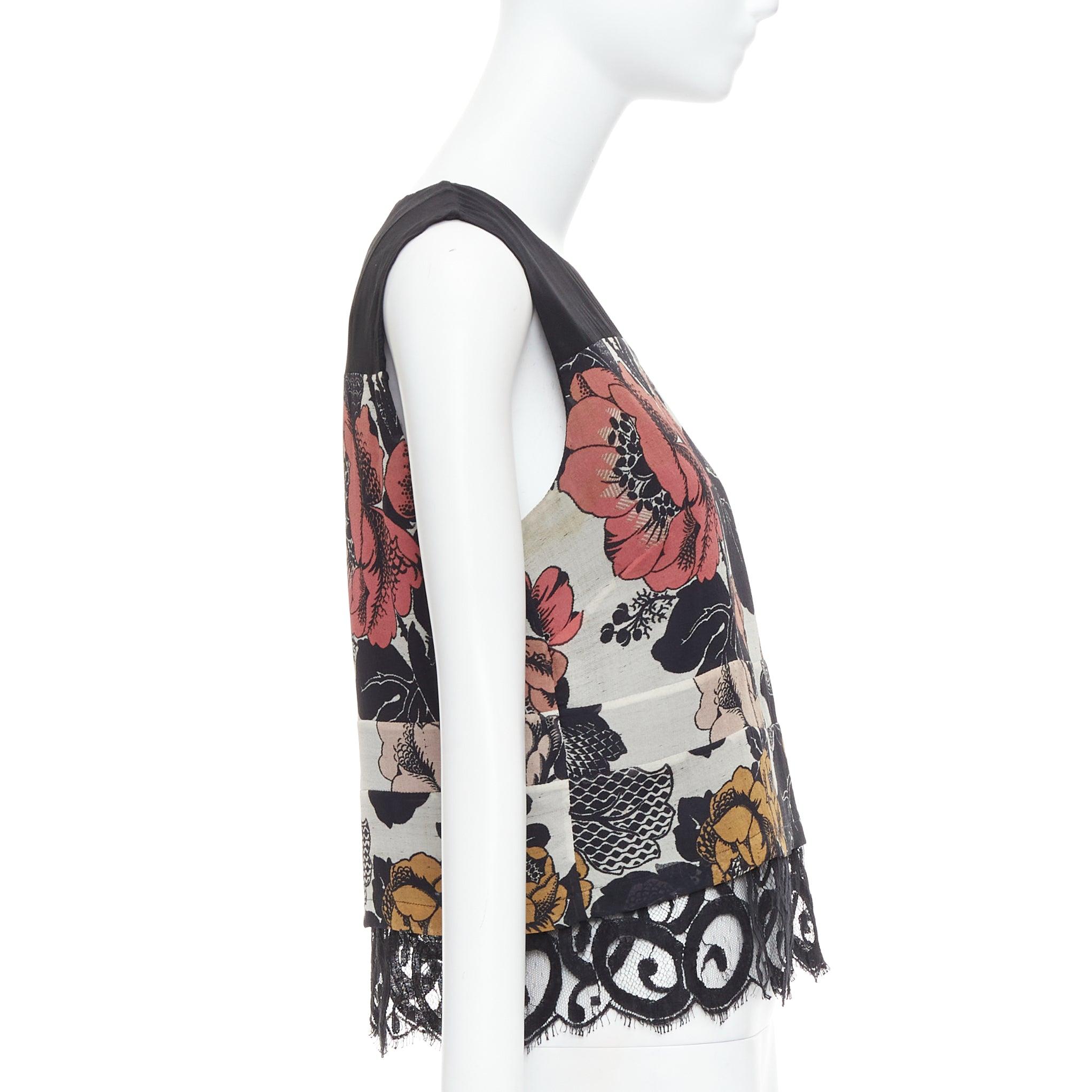 DRIES VAN NOTEN 100% seta nero rosso stampa floreale a blocchi orlo in pizzo top FR38 M In condizioni discrete in vendita a Hong Kong, NT