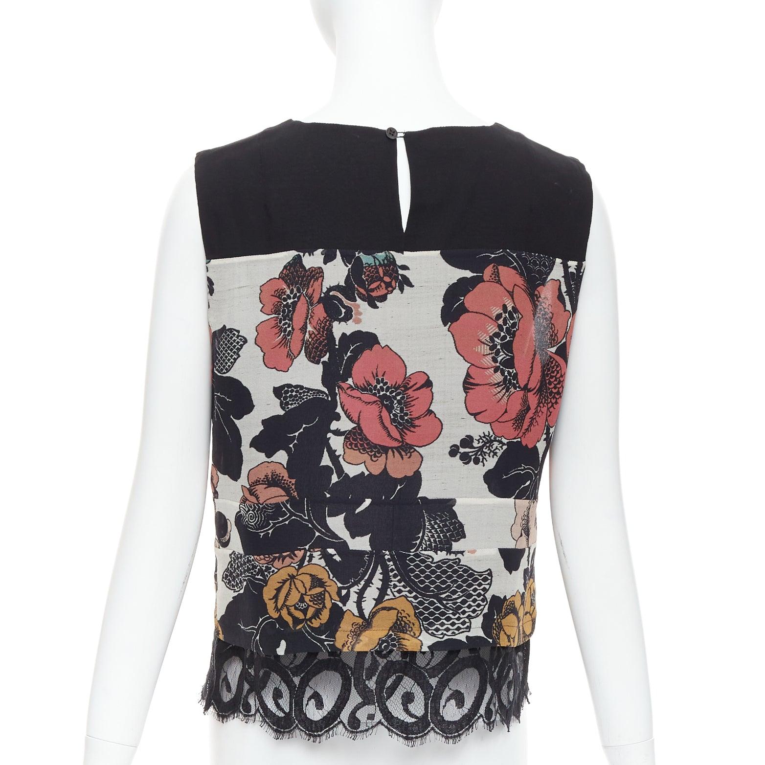 Donna DRIES VAN NOTEN 100% seta nero rosso stampa floreale a blocchi orlo in pizzo top FR38 M in vendita