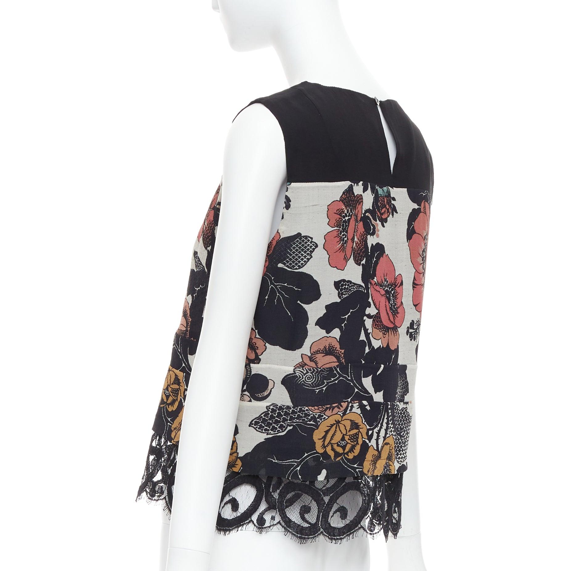 DRIES VAN NOTEN 100% seta nero rosso stampa floreale a blocchi orlo in pizzo top FR38 M in vendita 1