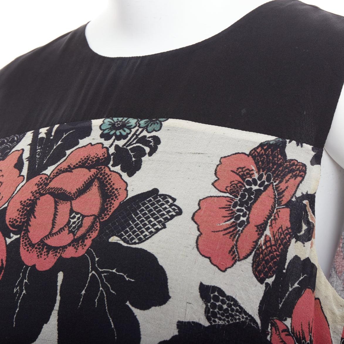 DRIES VAN NOTEN 100% seta nero rosso stampa floreale a blocchi orlo in pizzo top FR38 M in vendita 2