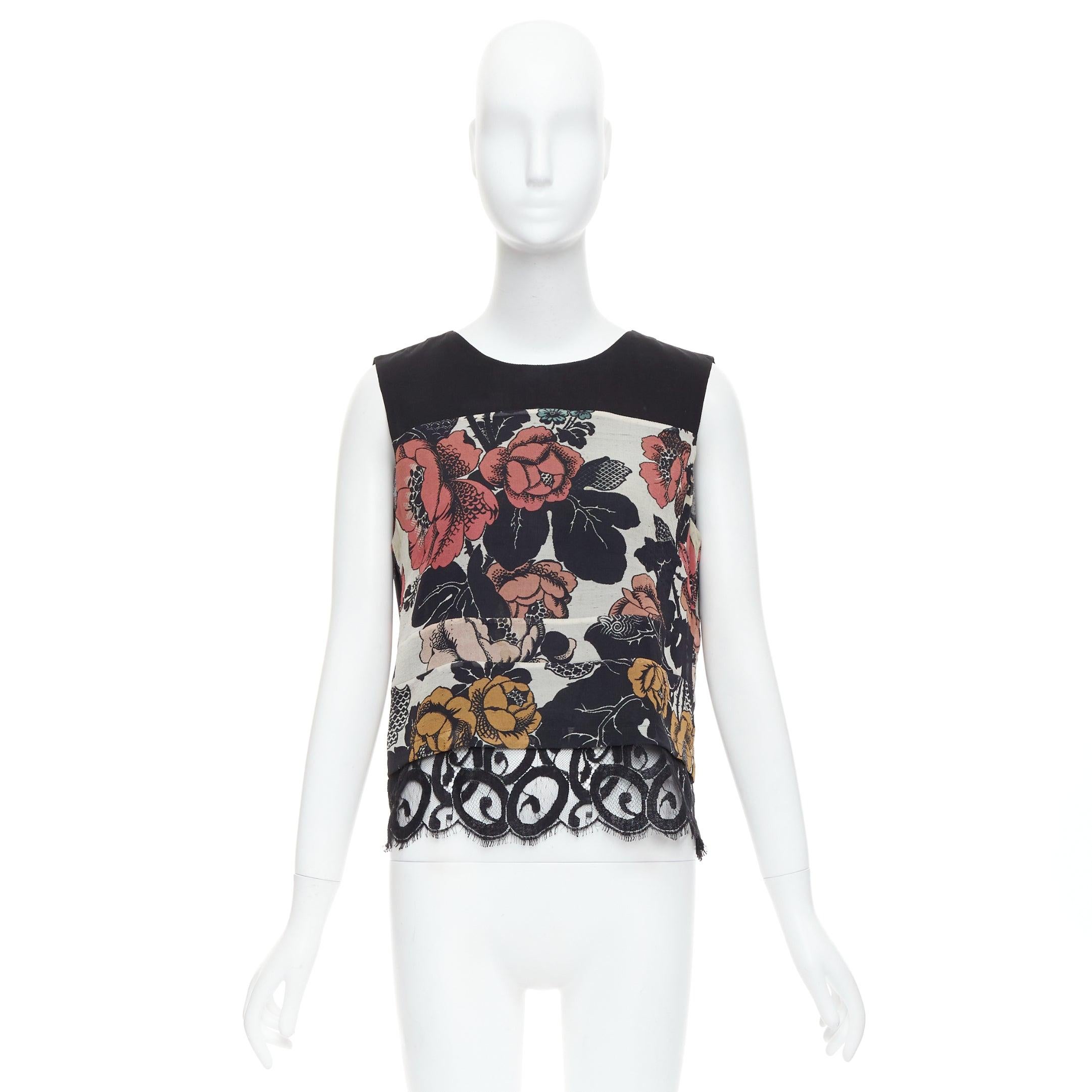 DRIES VAN NOTEN 100% seta nero rosso stampa floreale a blocchi orlo in pizzo top FR38 M in vendita 4