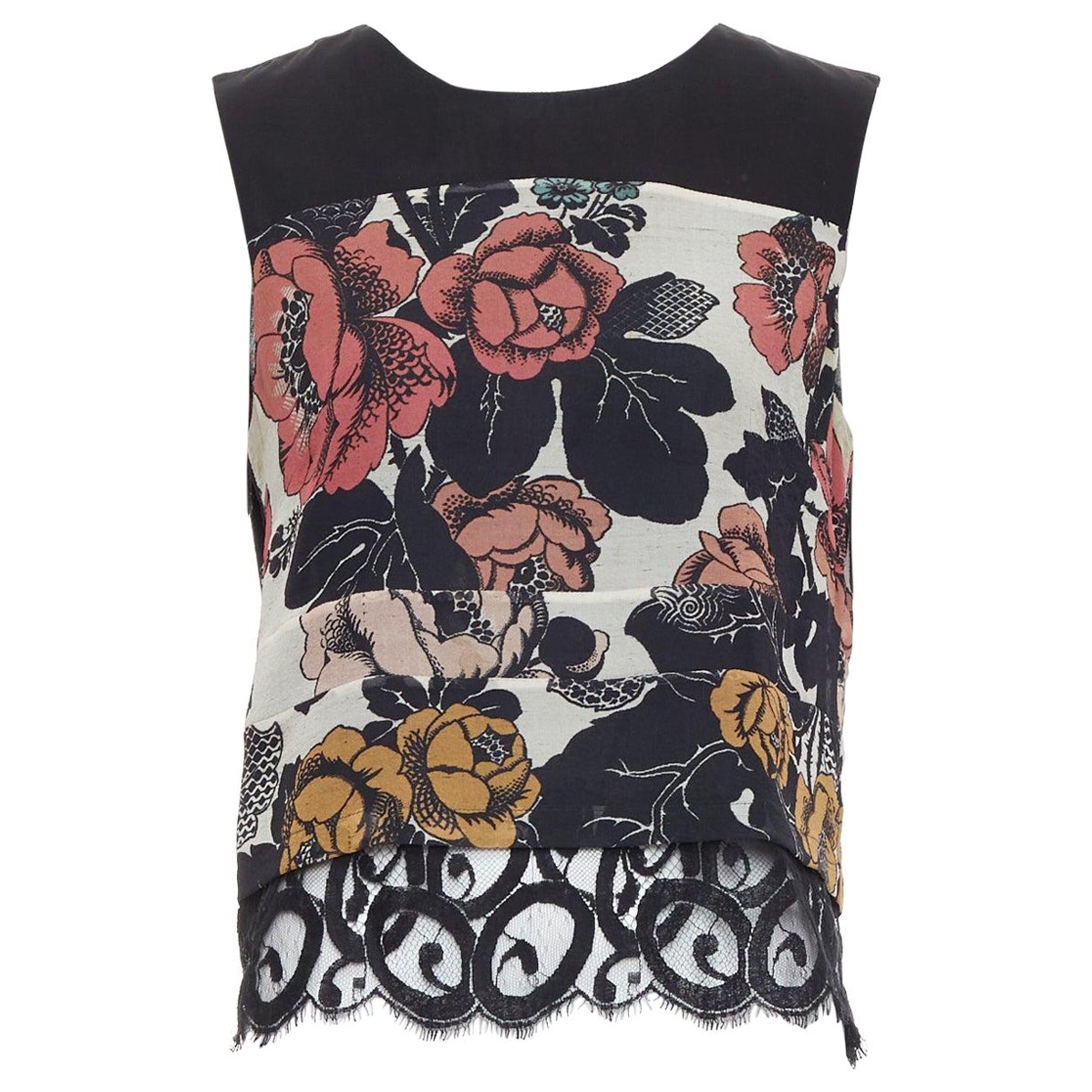 DRIES VAN NOTEN 100% seta nero rosso stampa floreale a blocchi orlo in pizzo top FR38 M