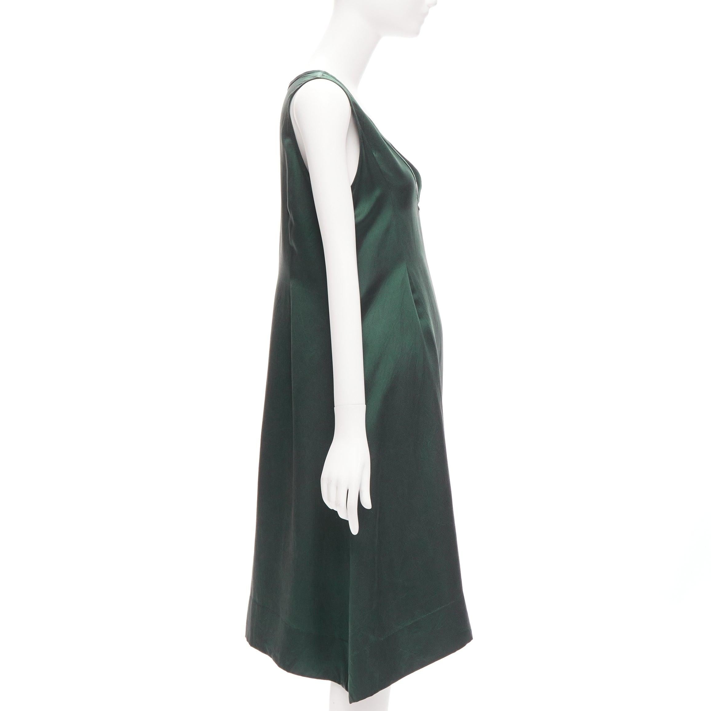 Black DRIES VAN NOTEN 100% silk dark green plunge neck sleeveless trapeze dress S For Sale