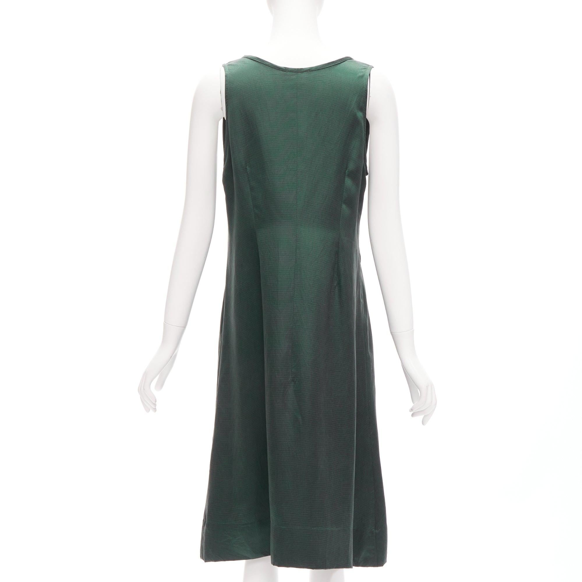 DRIES VAN NOTEN 100% silk dark green plunge neck sleeveless trapeze dress S In Excellent Condition For Sale In Hong Kong, NT
