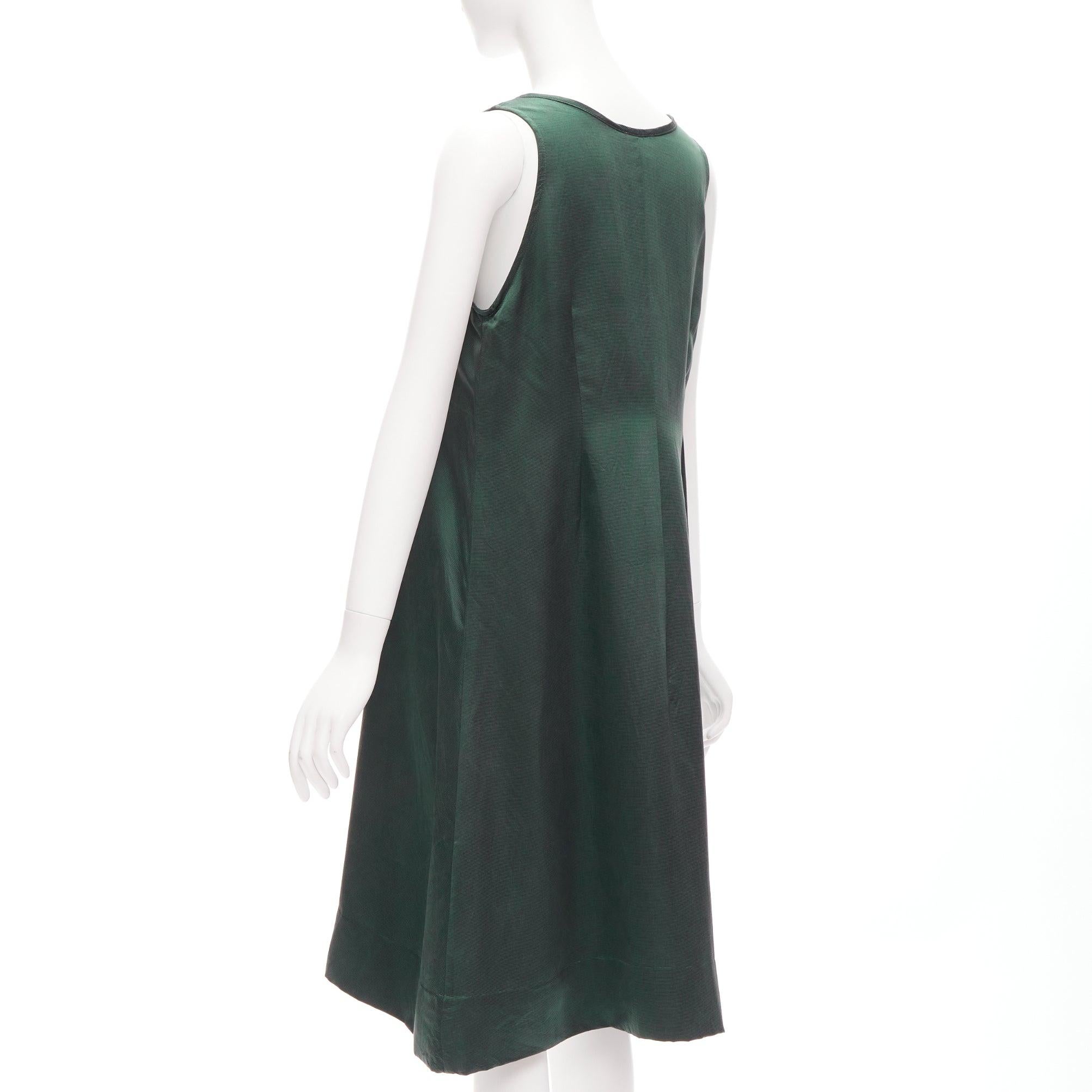 Women's DRIES VAN NOTEN 100% silk dark green plunge neck sleeveless trapeze dress S For Sale