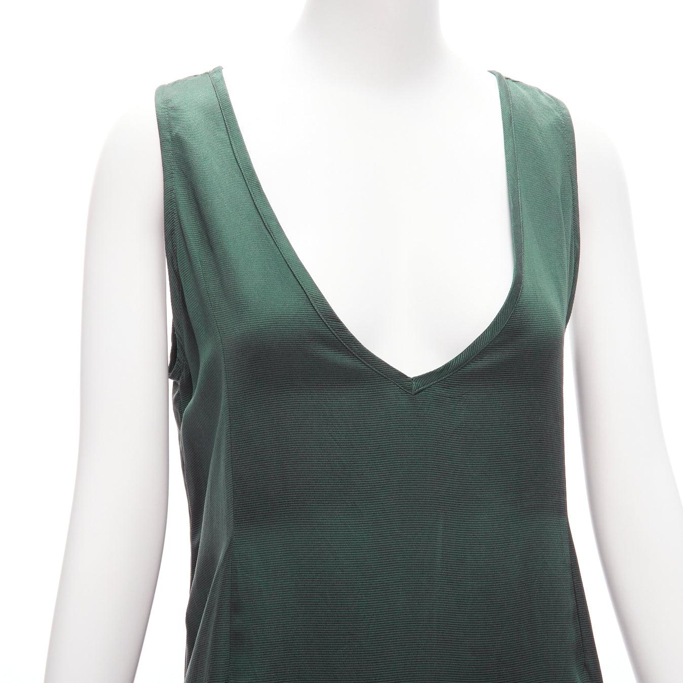 DRIES VAN NOTEN 100% silk dark green plunge neck sleeveless trapeze dress S For Sale 1